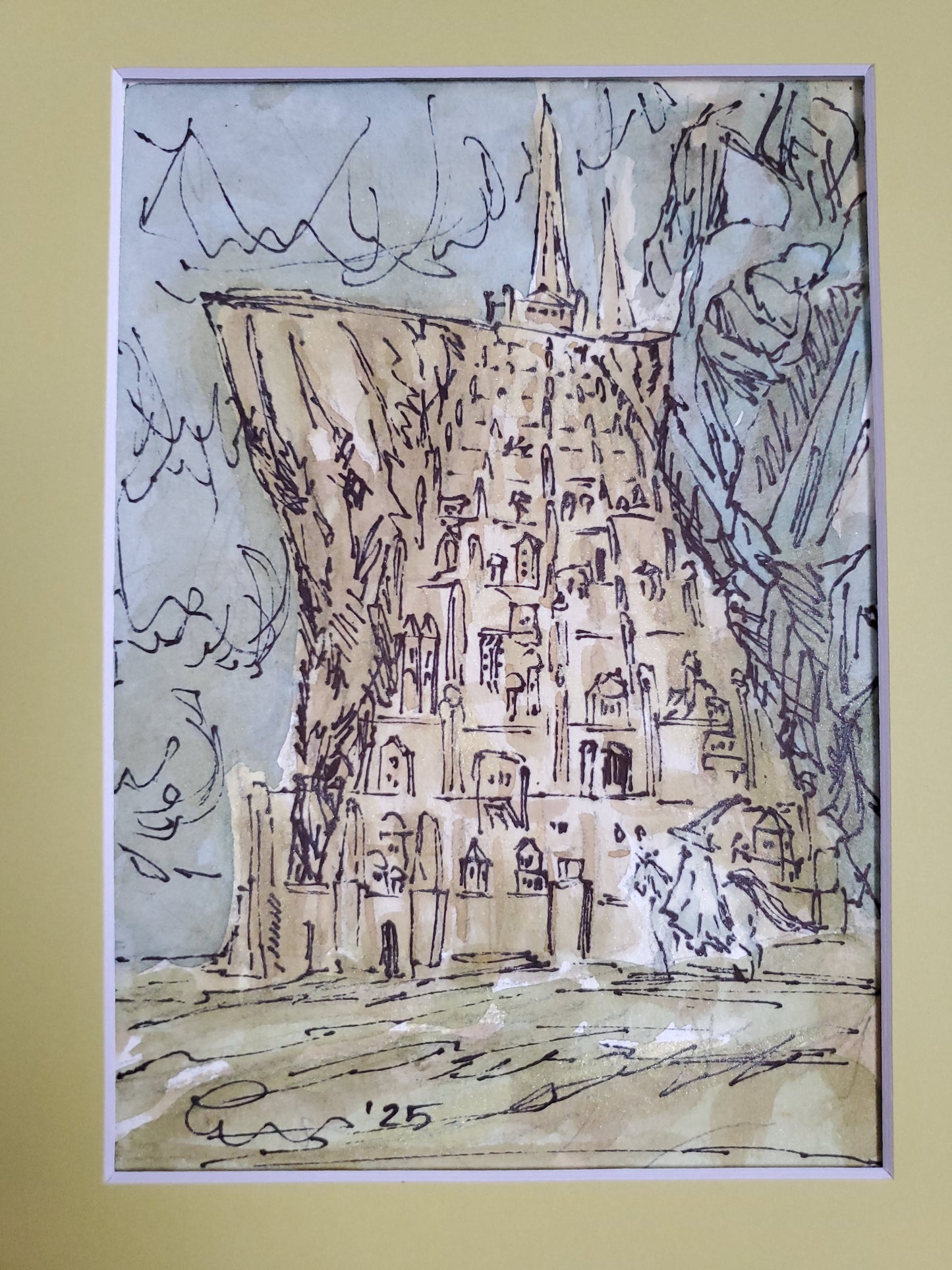 White Wizard & The White City - Original Ink & Watercolor Painting (5x7)