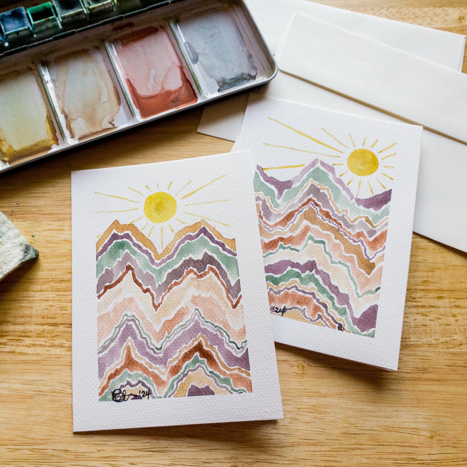 Hand painted Abstract Art Mountain Greeting Card Original Watercolor Painting 4x6 Blank Notecard Set of Two