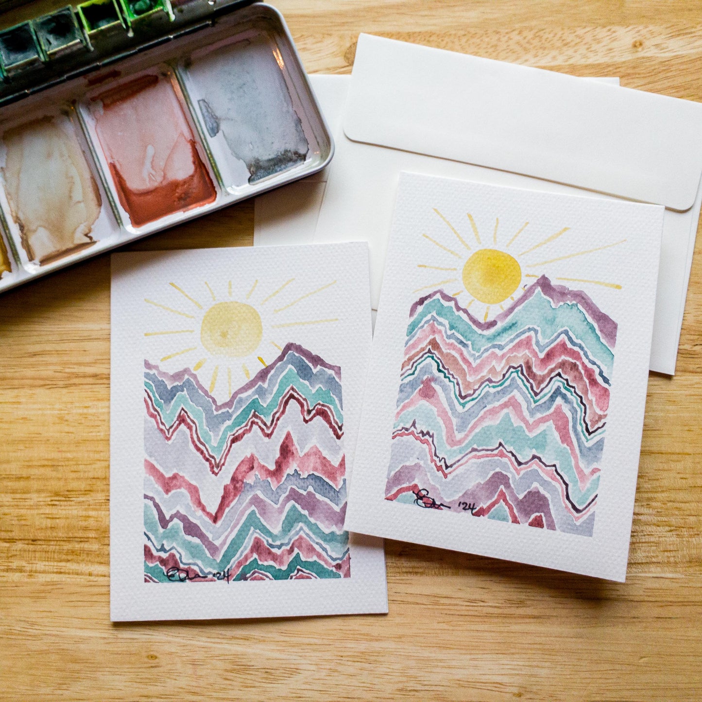 Hand painted Abstract Art Mountain Greeting Card Original Watercolor Painting 4x6 Blank Notecard Set of Two