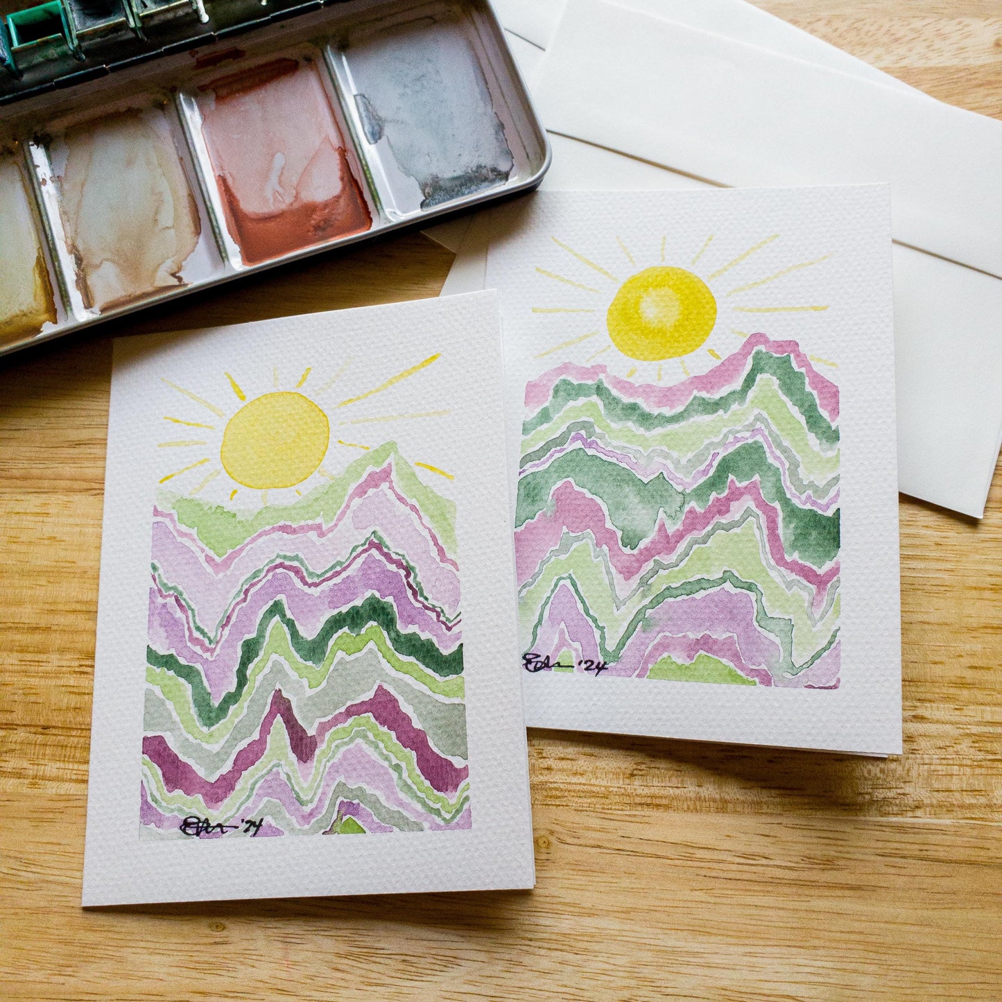 Hand painted Abstract Art Mountain Greeting Card Original Watercolor Painting 4x6 Blank Notecard Set of Two