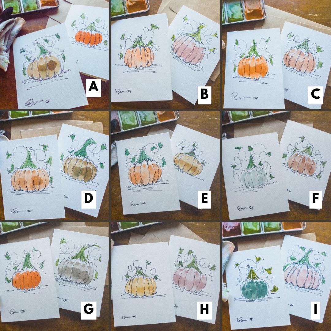 Fall Pumpkin Greeting Card Original Ink & Watercolor Art Notecard Hand Painted 4 1/2" x 6" Blank Holiday Card - Set of Two