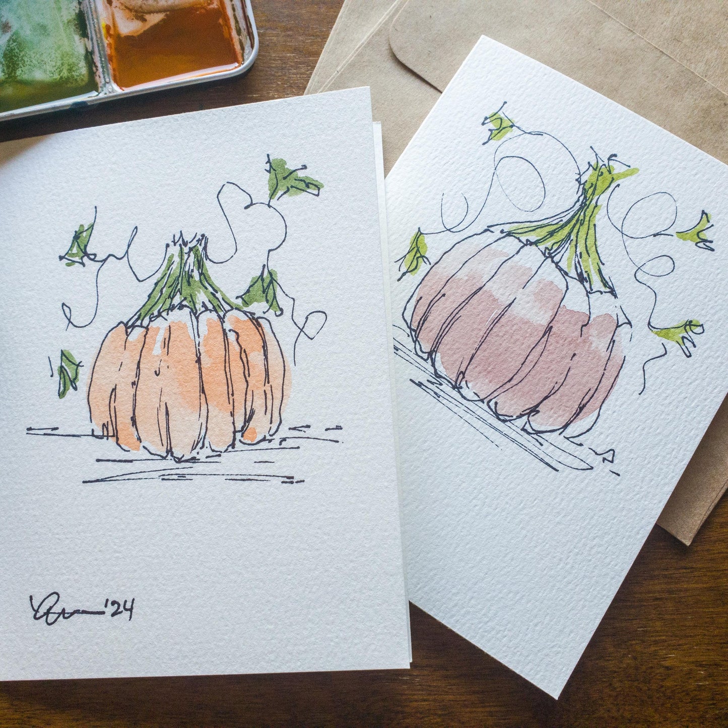 Fall Pumpkin Greeting Card Original Ink & Watercolor Art Notecard Hand Painted 4 1/2" x 6" Blank Holiday Card - Set of Two