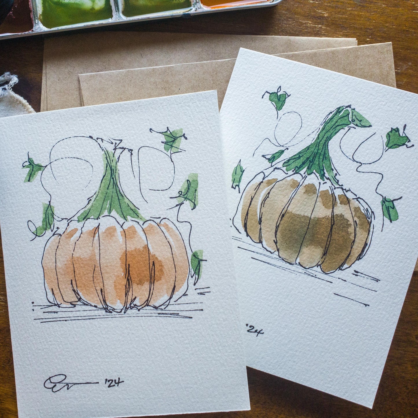 Fall Pumpkin Greeting Card Original Ink & Watercolor Art Notecard Hand Painted 4 1/2" x 6" Blank Holiday Card - Set of Two