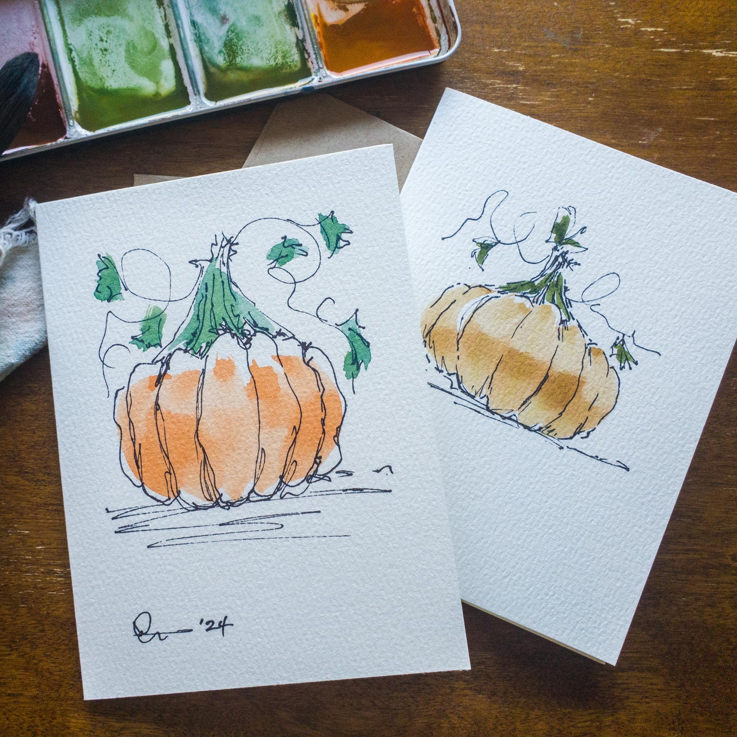 Fall Pumpkin Greeting Card Original Ink & Watercolor Art Notecard Hand Painted 4 1/2" x 6" Blank Holiday Card - Set of Two