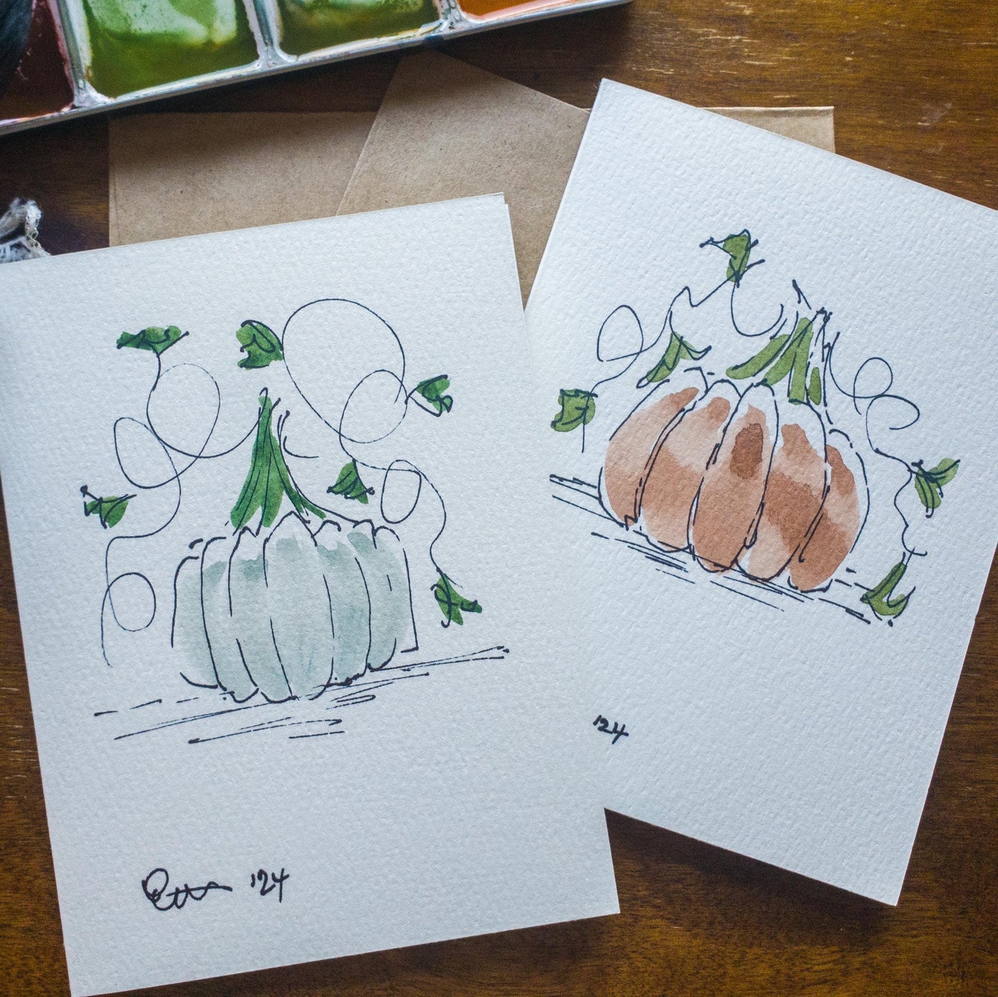 Fall Pumpkin Greeting Card Original Ink & Watercolor Art Notecard Hand Painted 4 1/2" x 6" Blank Holiday Card - Set of Two