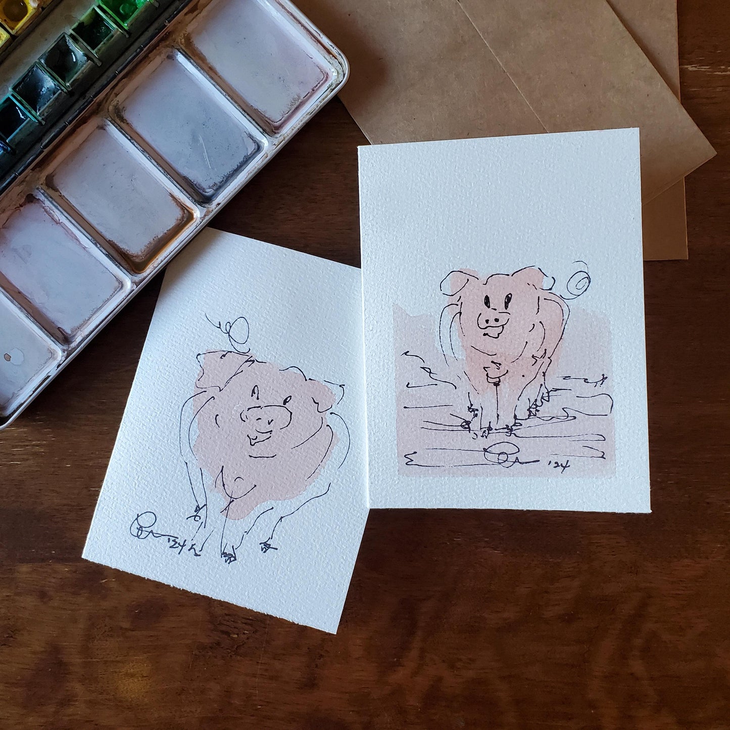 Piggy Greeting Card Original Ink & Watercolor Art Notecard Hand Painted 4 1/2" x 6" Blank Pig Lovers Card - Set of Two