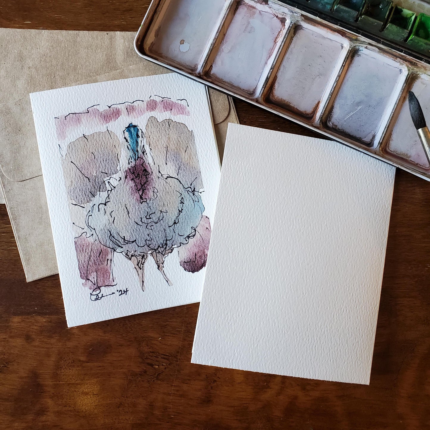 Fall Turkey Greeting Card Original Ink & Watercolor Art Thanksgiving Notecard Hand Painted 4 1/2" x 6" Blank Holiday Card - Set of Two