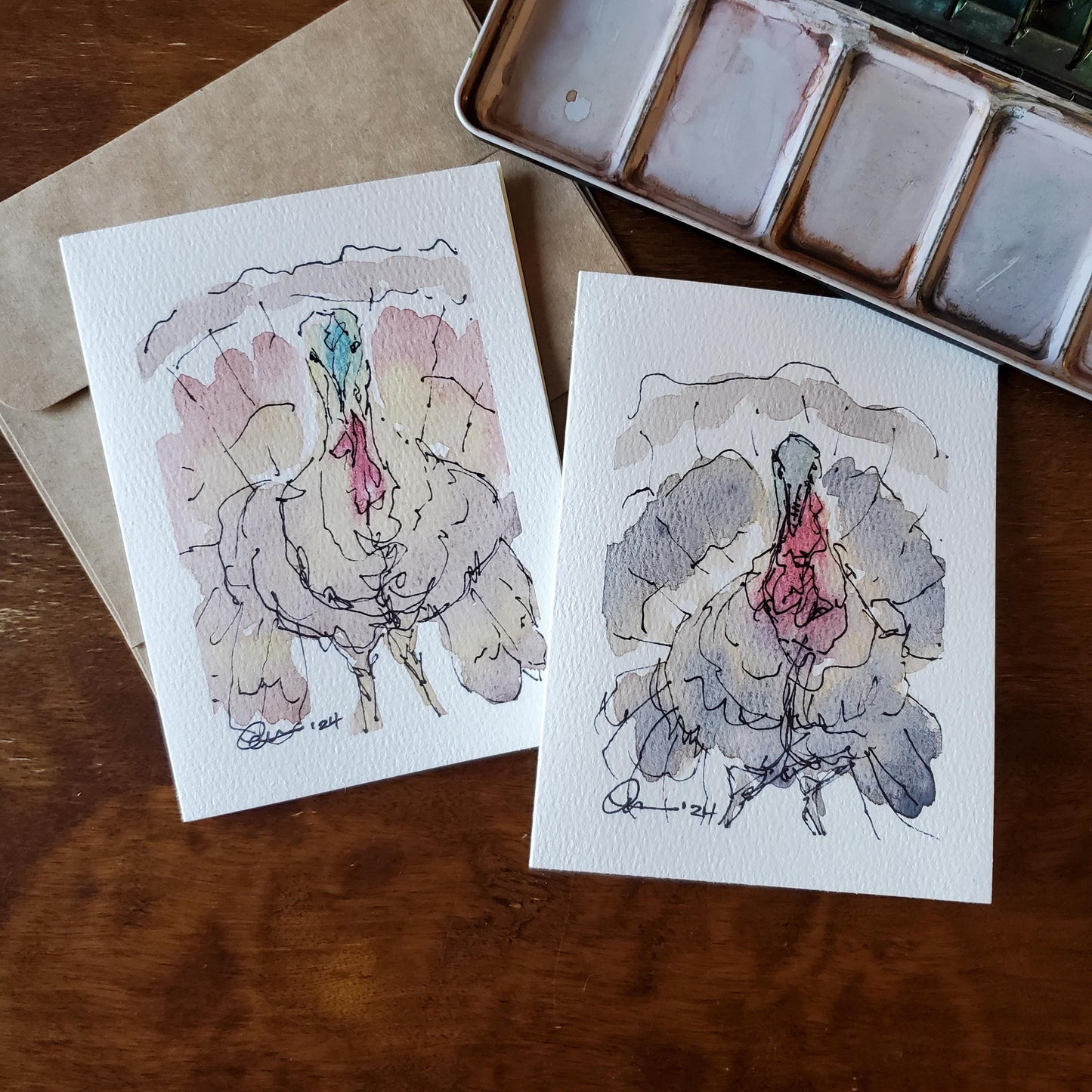 Fall Turkey Greeting Card Original Ink & Watercolor Art Thanksgiving Notecard Hand Painted 4 1/2" x 6" Blank Holiday Card - Set of Two