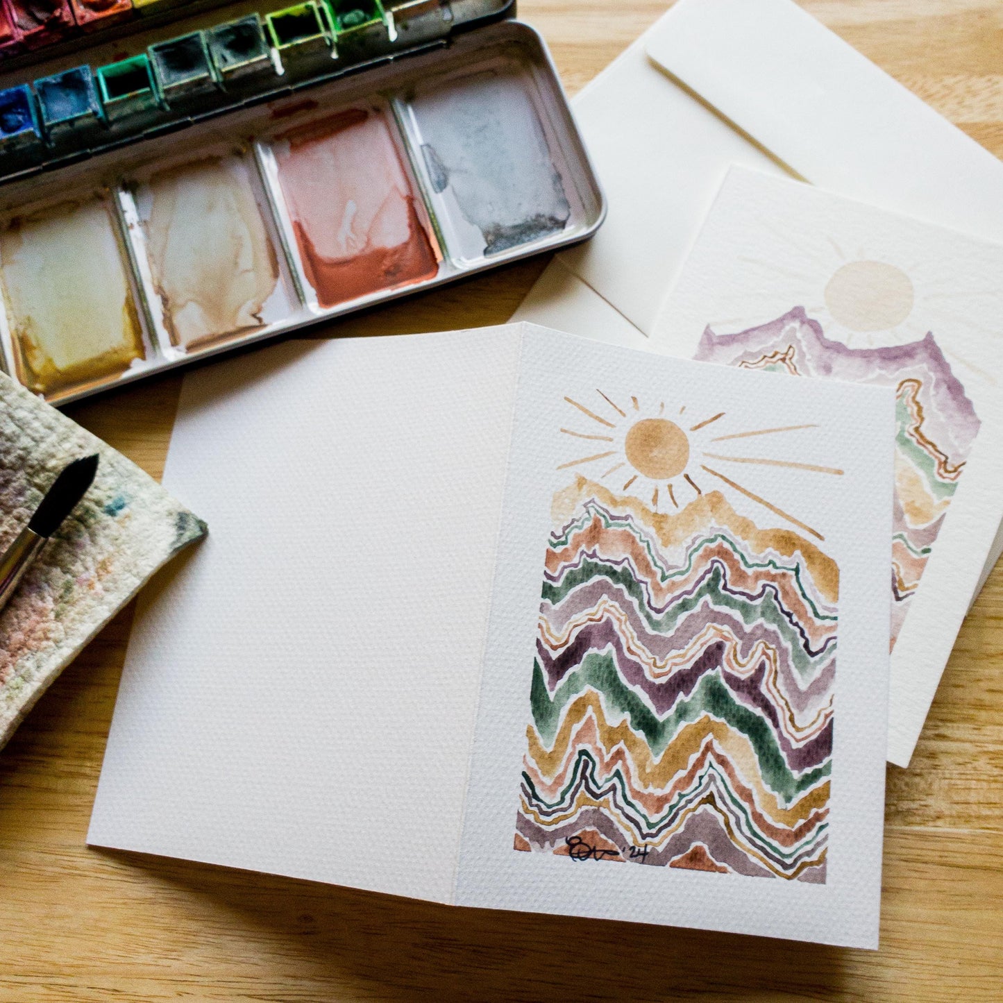 Hand painted Abstract Art Mountain Greeting Card Original Watercolor Painting 4x6 Blank Notecard Set of Two