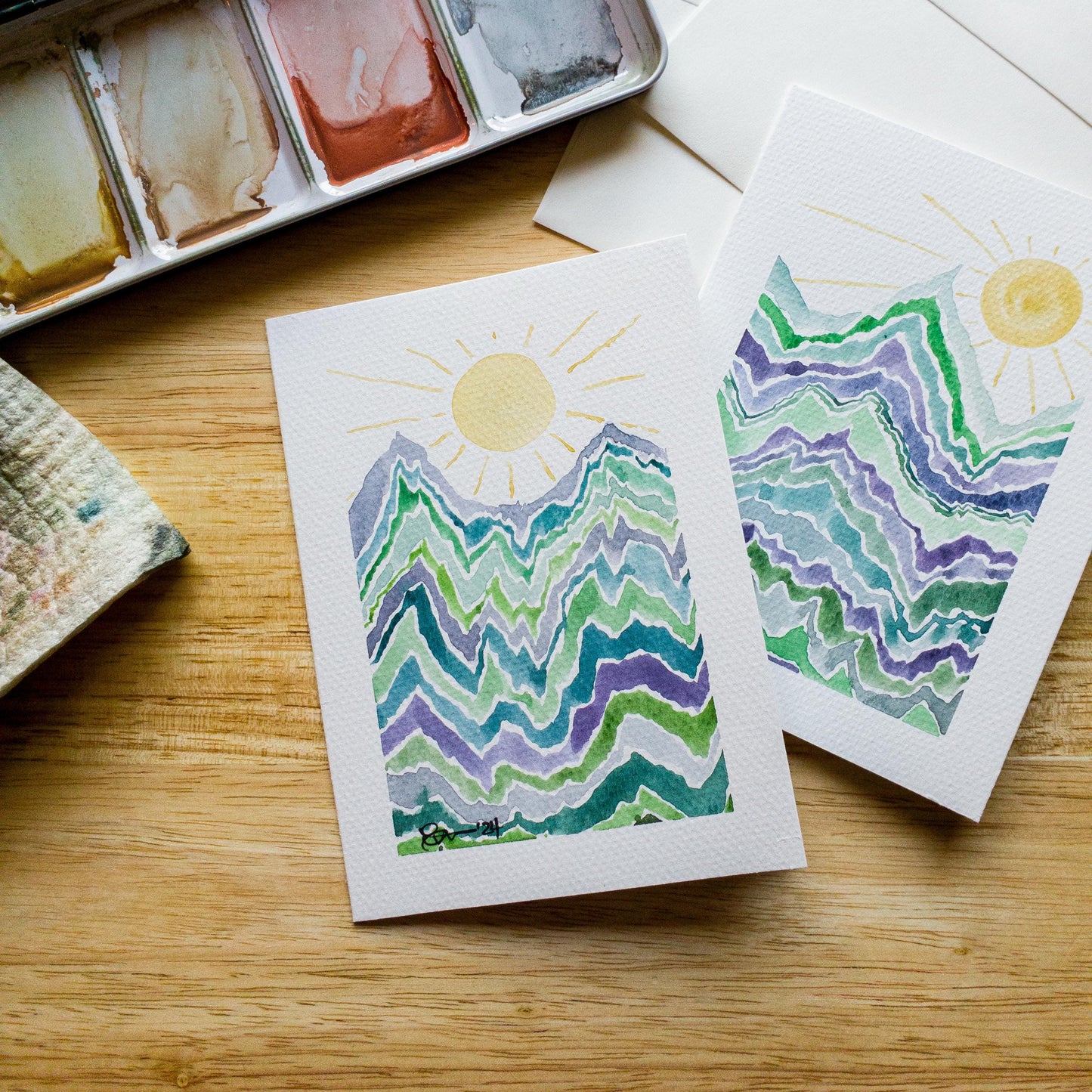 Hand painted Abstract Art Mountain Greeting Card Original Watercolor Painting 4x6 Blank Notecard Set of Two