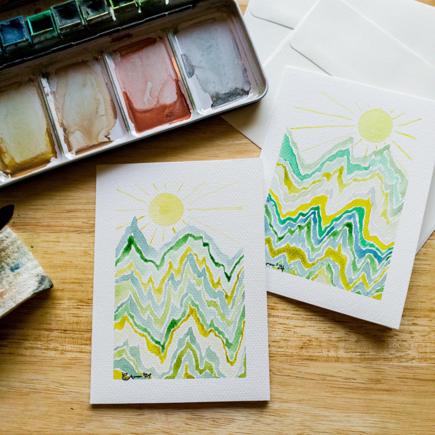 Hand painted Abstract Art Mountain Greeting Card Original Watercolor Painting 4x6 Blank Notecard Set of Two