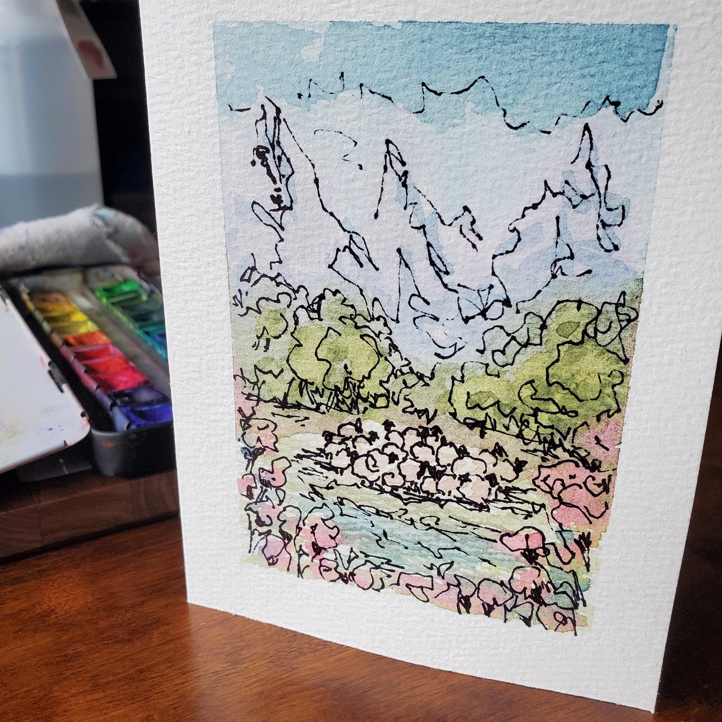Flock of Sheep Greeting Card Original Landscape Art ScruffyLamb Ink & Watercolor Sketch Notecard Hand Painted 4 1/2" x 6" Blank - Set of Two