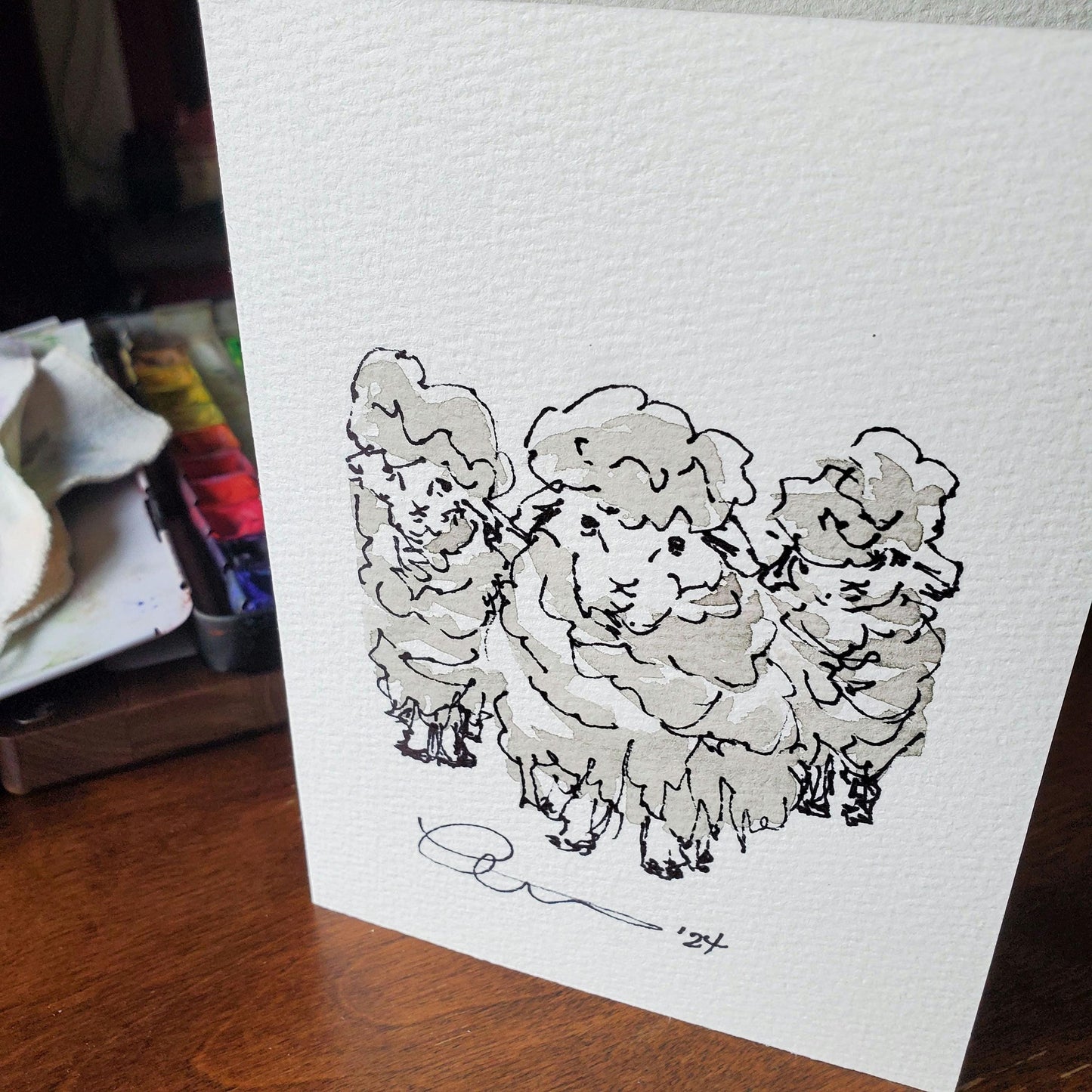Flock of Sheep Greeting Card Original Landscape Art ScruffyLamb Ink & Watercolor Sketch Notecard Hand Painted 4 1/2" x 6" Blank - Set of Two