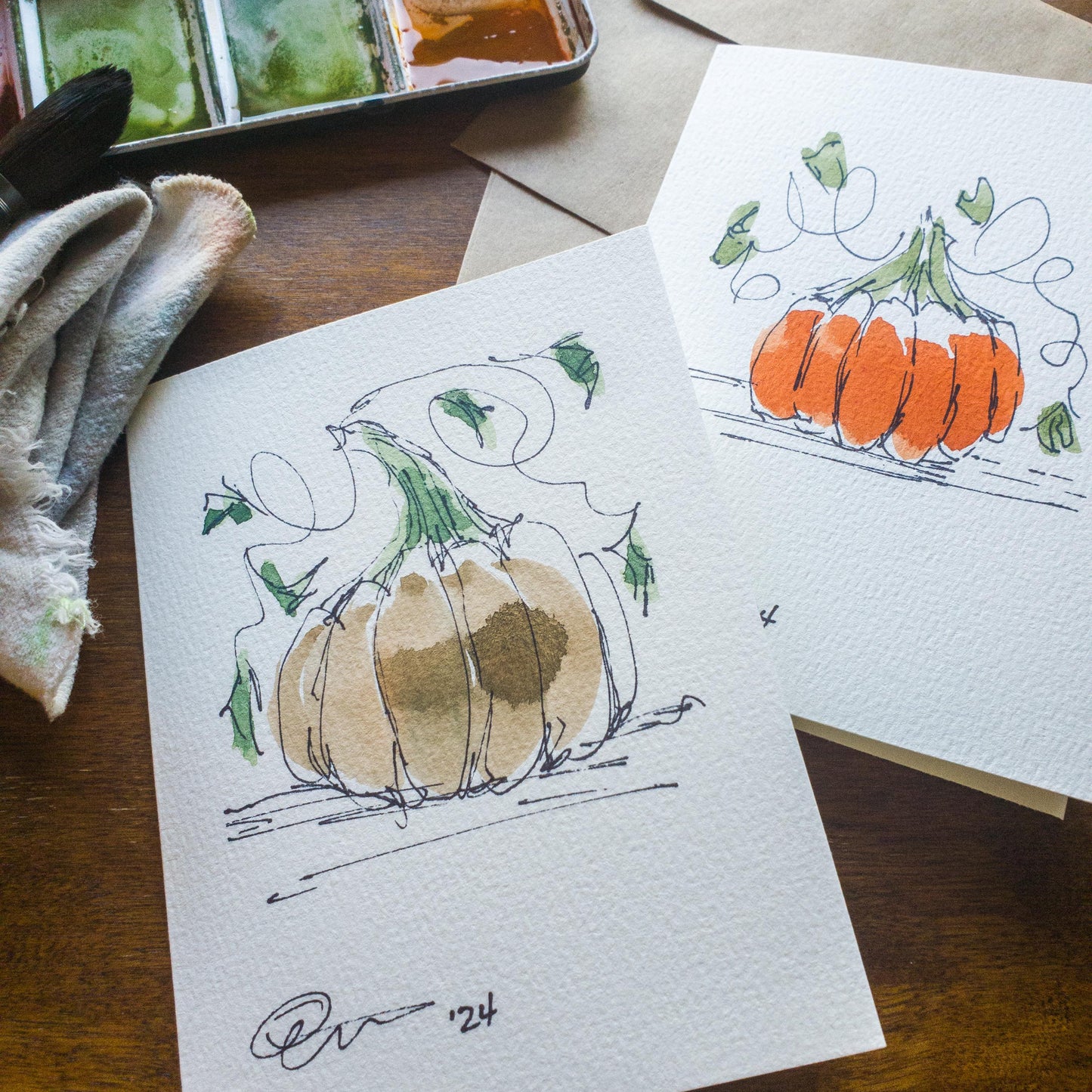 Fall Pumpkin Greeting Card Original Ink & Watercolor Art Notecard Hand Painted 4 1/2" x 6" Blank Holiday Card - Set of Two