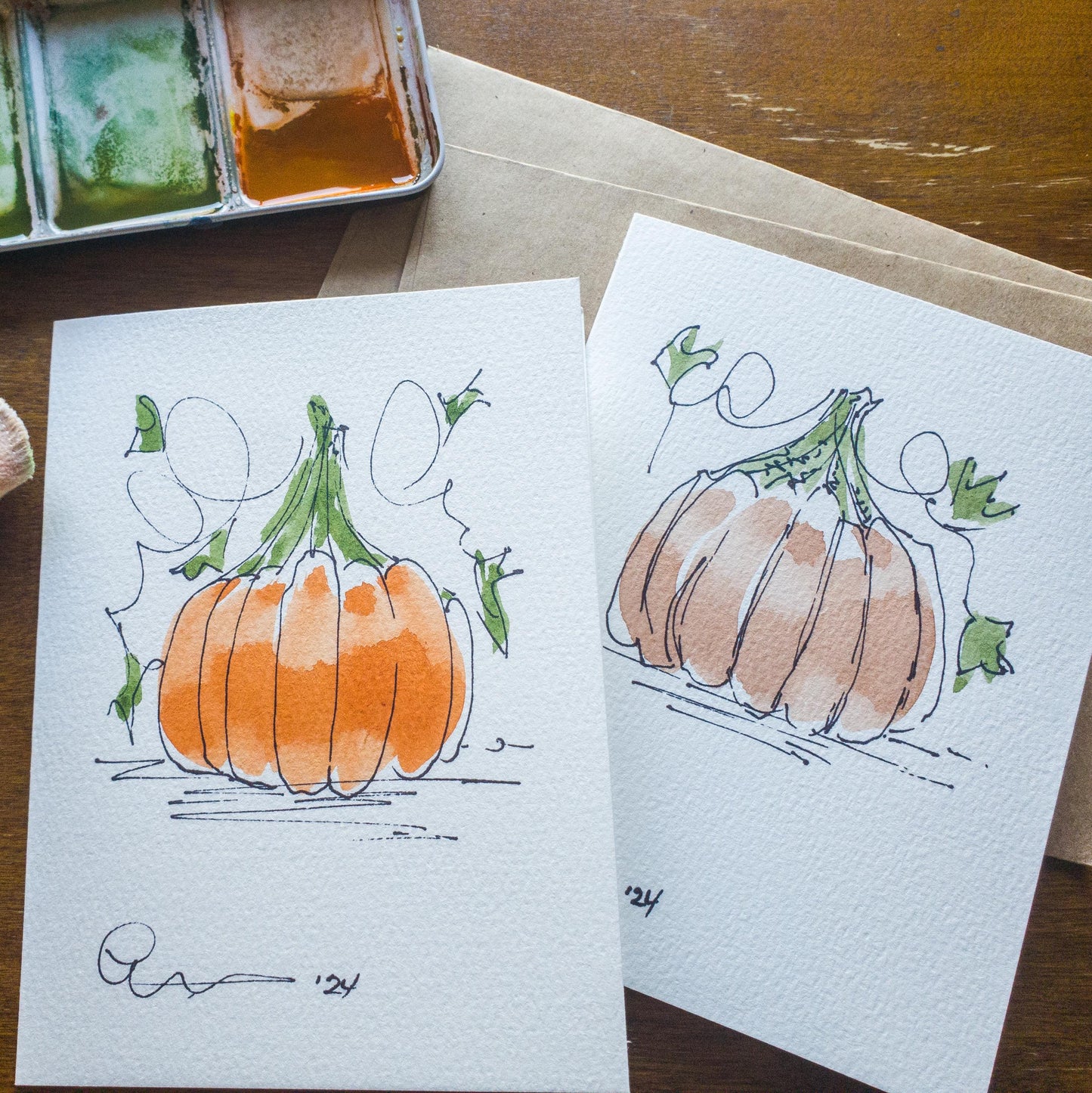 Fall Pumpkin Greeting Card Original Ink & Watercolor Art Notecard Hand Painted 4 1/2" x 6" Blank Holiday Card - Set of Two