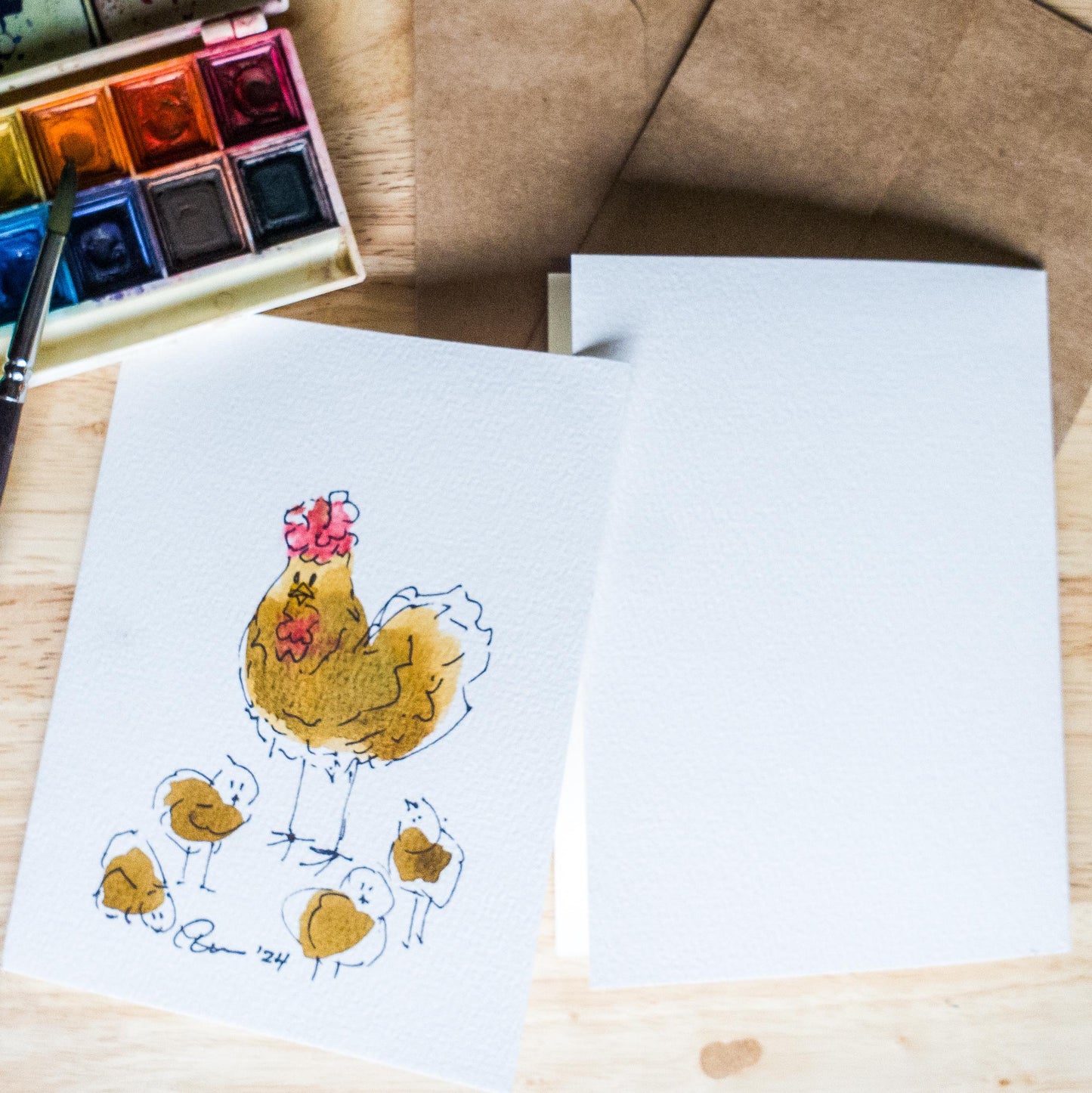 Hens and Chicks Greeting Card Original Ink & Watercolor Art Notecard Hand Painted 4 1/2" x 6" Blank Chicken Lovers Card - Set of Two