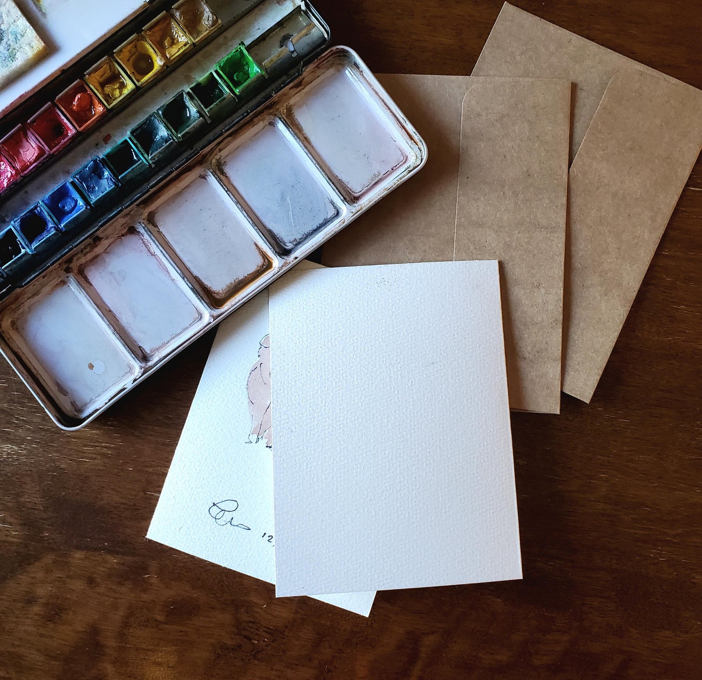 Piggy Greeting Card Original Ink & Watercolor Art Notecard Hand Painted 4 1/2" x 6" Blank Pig Lovers Card - Set of Two