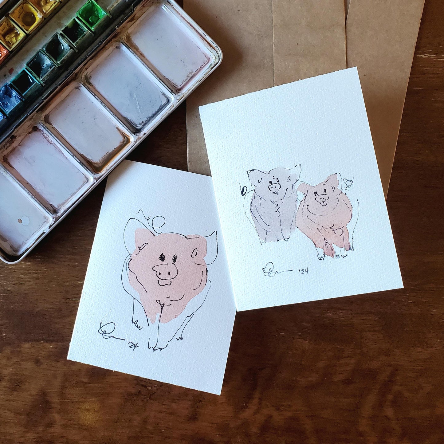Piggy Greeting Card Original Ink & Watercolor Art Notecard Hand Painted 4 1/2" x 6" Blank Pig Lovers Card - Set of Two