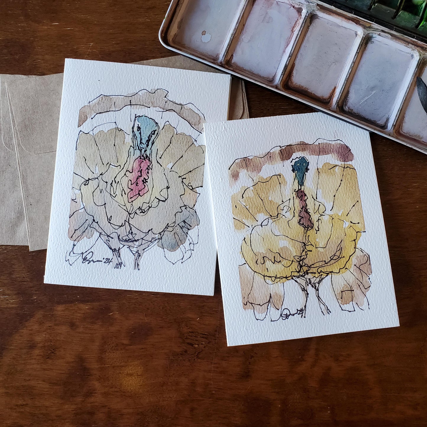 Fall Turkey Greeting Card Original Ink & Watercolor Art Thanksgiving Notecard Hand Painted 4 1/2" x 6" Blank Holiday Card - Set of Two