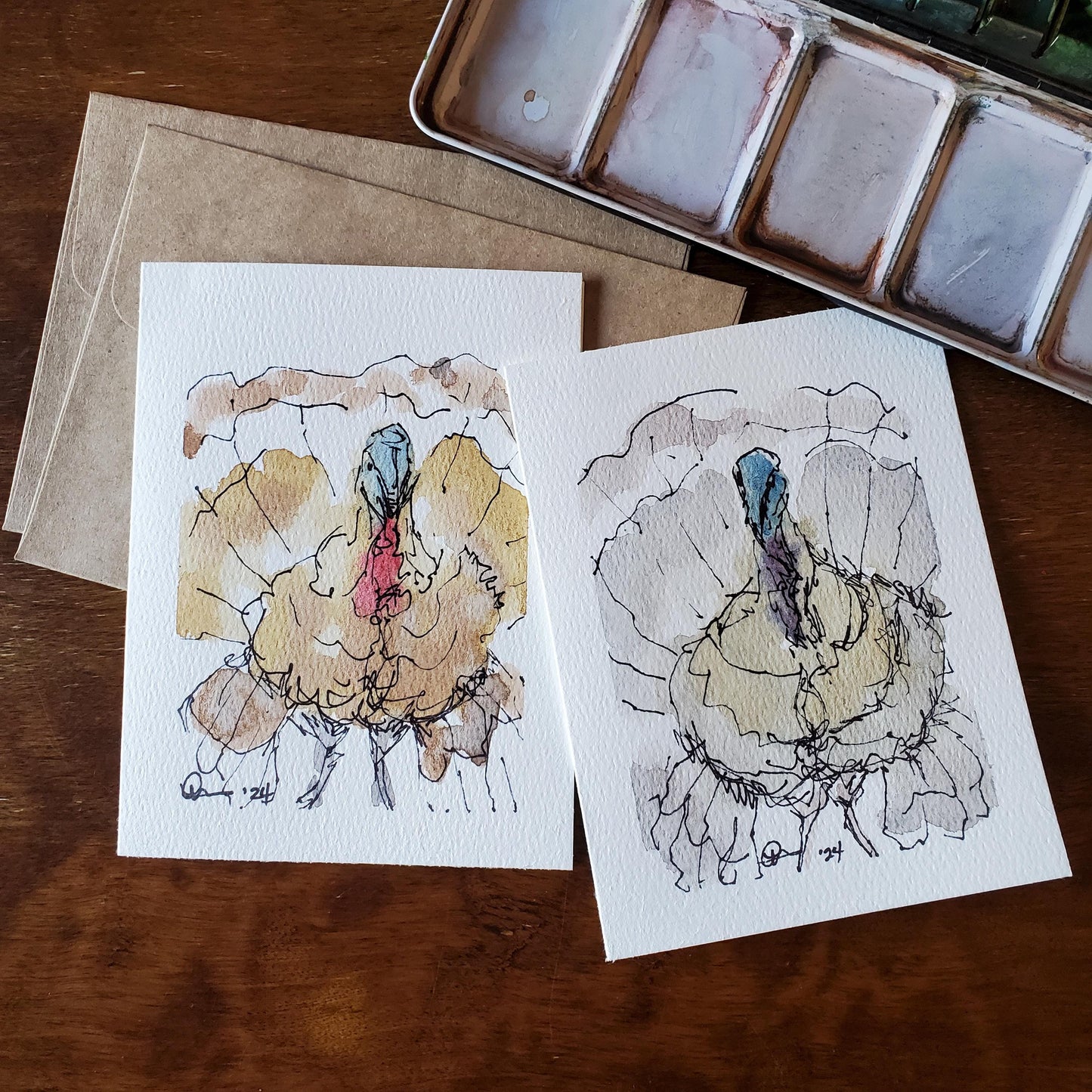 Fall Turkey Greeting Card Original Ink & Watercolor Art Thanksgiving Notecard Hand Painted 4 1/2" x 6" Blank Holiday Card - Set of Two