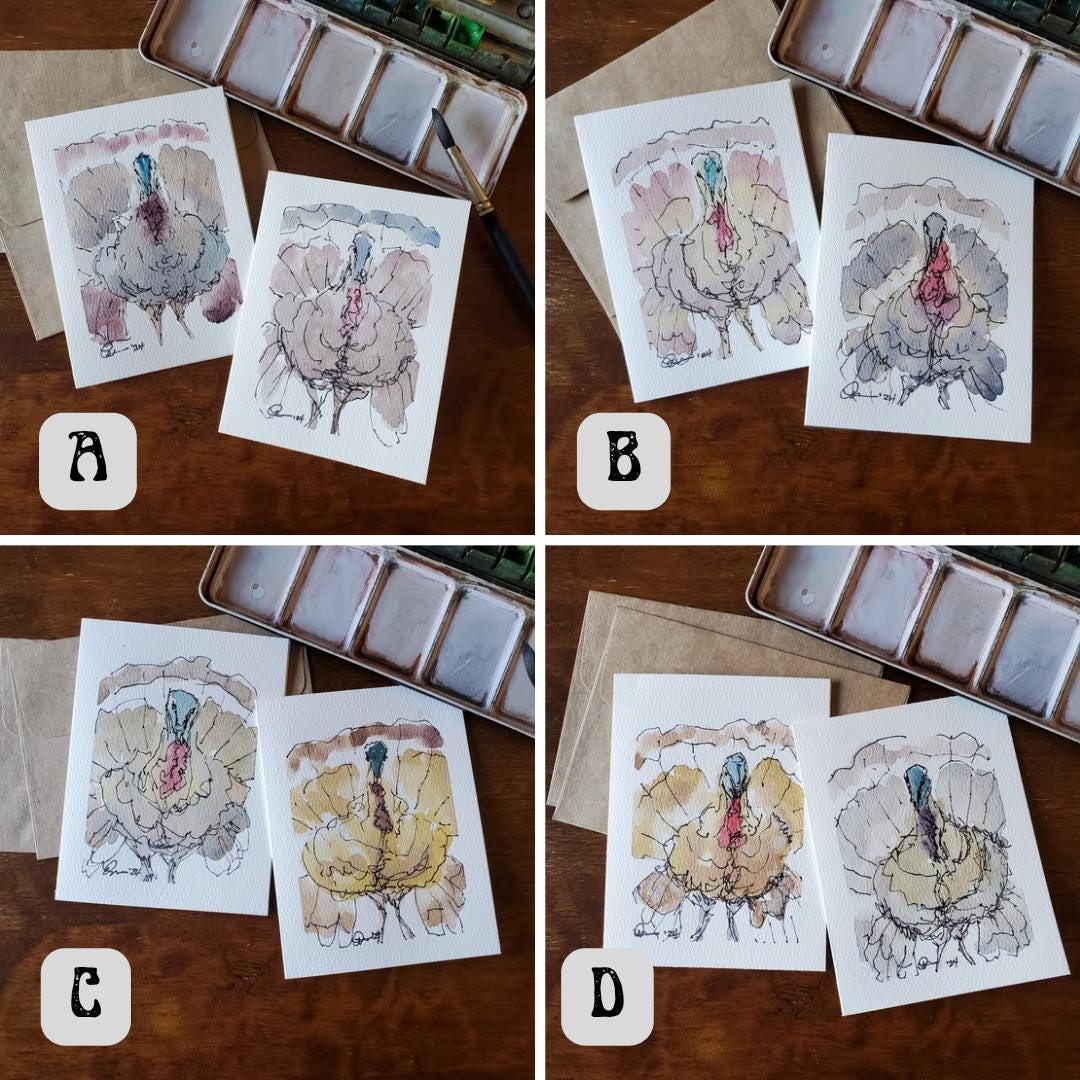 Fall Turkey Greeting Card Original Ink & Watercolor Art Thanksgiving Notecard Hand Painted 4 1/2" x 6" Blank Holiday Card - Set of Two