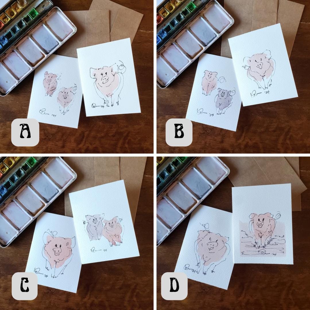 Piggy Greeting Card Original Ink & Watercolor Art Notecard Hand Painted 4 1/2" x 6" Blank Pig Lovers Card - Set of Two