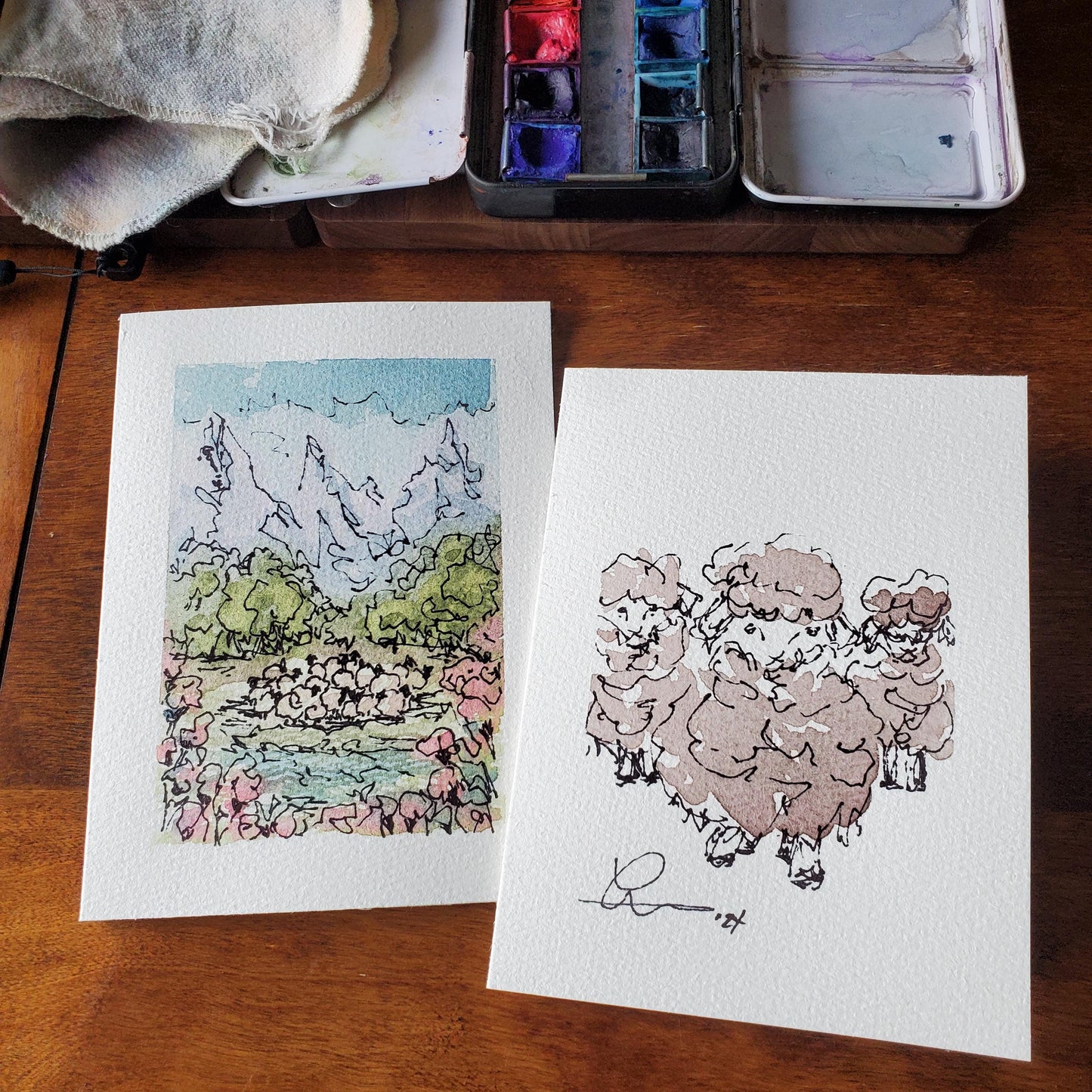 Flock of Sheep Greeting Card Original Landscape Art ScruffyLamb Ink & Watercolor Sketch Notecard Hand Painted 4 1/2" x 6" Blank - Set of Two
