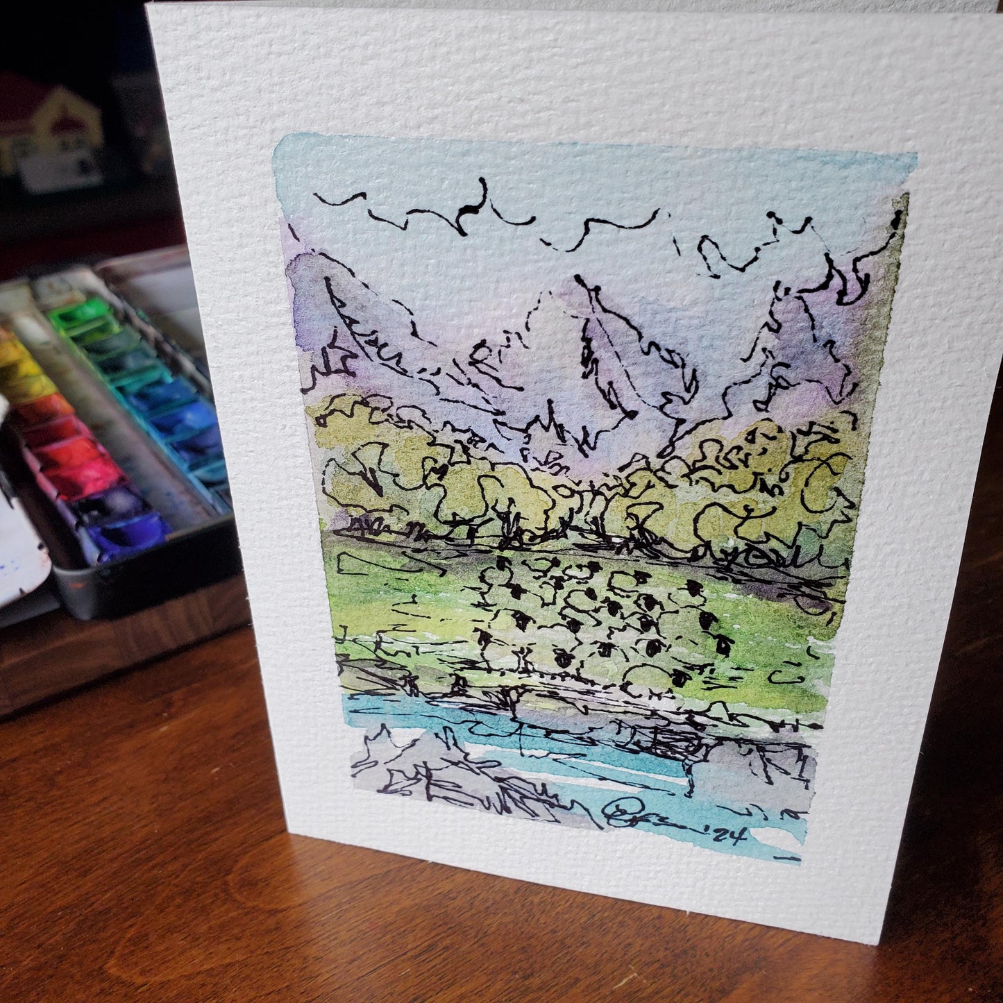 Flock of Sheep Greeting Card Original Landscape Art ScruffyLamb Ink & Watercolor Sketch Notecard Hand Painted 4 1/2" x 6" Blank - Set of Two