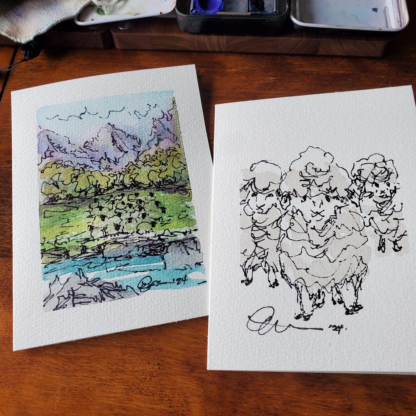 Flock of Sheep Greeting Card Original Landscape Art ScruffyLamb Ink & Watercolor Sketch Notecard Hand Painted 4 1/2" x 6" Blank - Set of Two