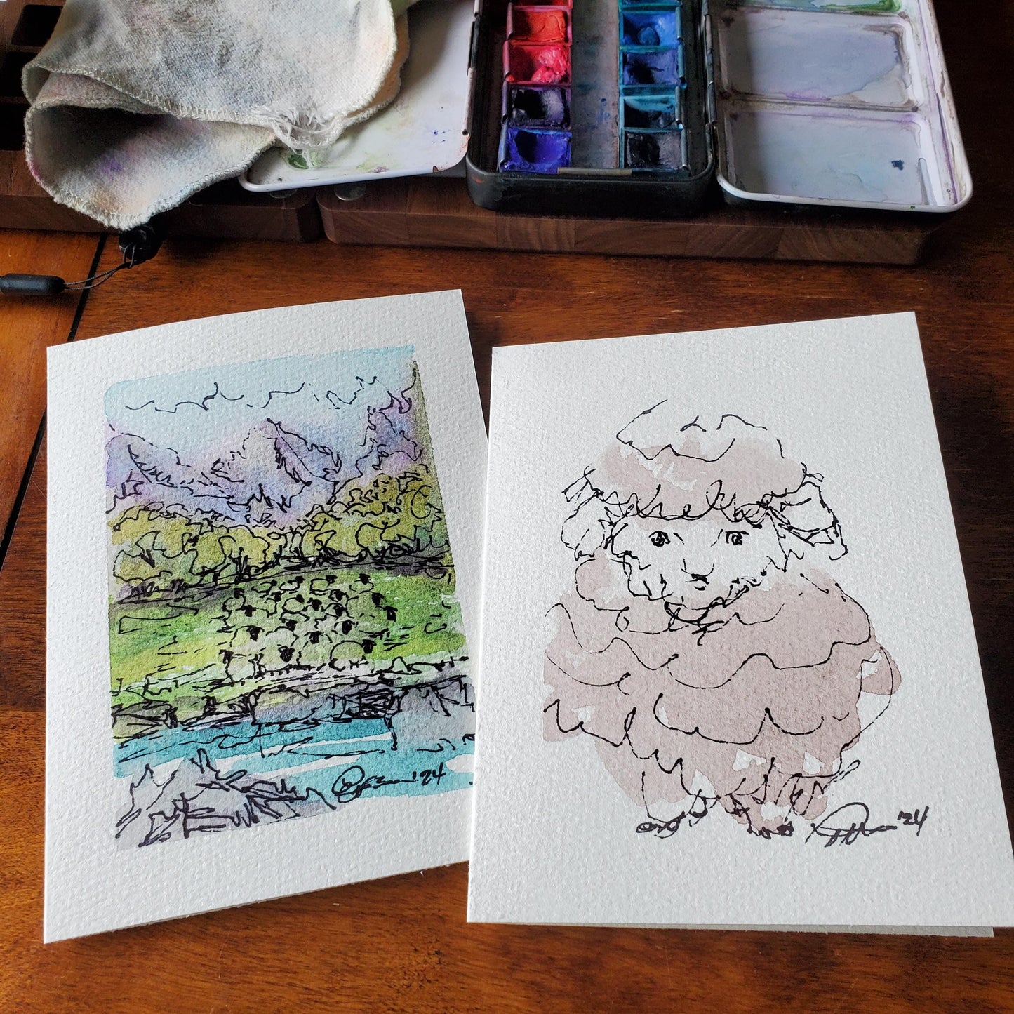 Flock of Sheep Greeting Card Original Landscape Art ScruffyLamb Ink & Watercolor Sketch Notecard Hand Painted 4 1/2" x 6" Blank - Set of Two