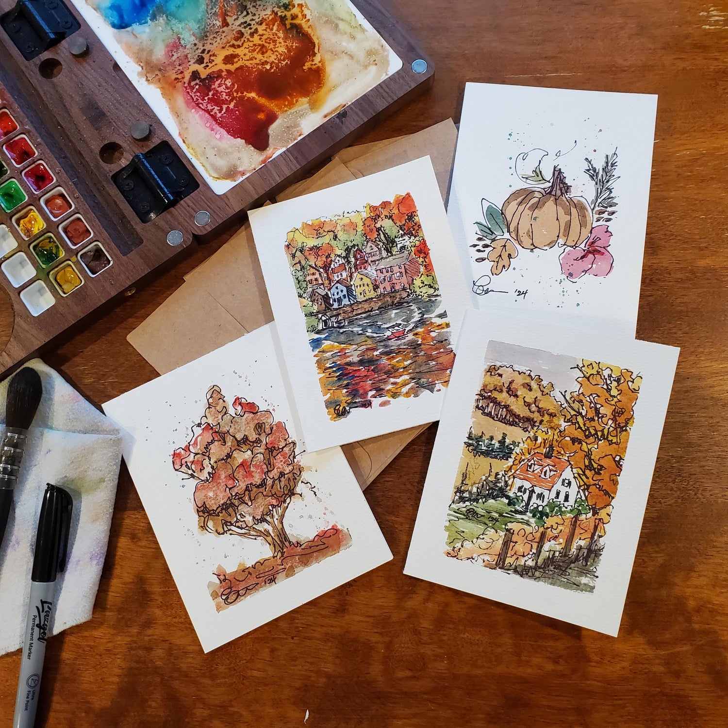 Autumn Vibes Greeting Card Original Ink & Watercolor Art Notecard Hand Painted 4 1/2 x 6 Blank Fall Forest Theme Cottage Pumpkin - Set of 4
