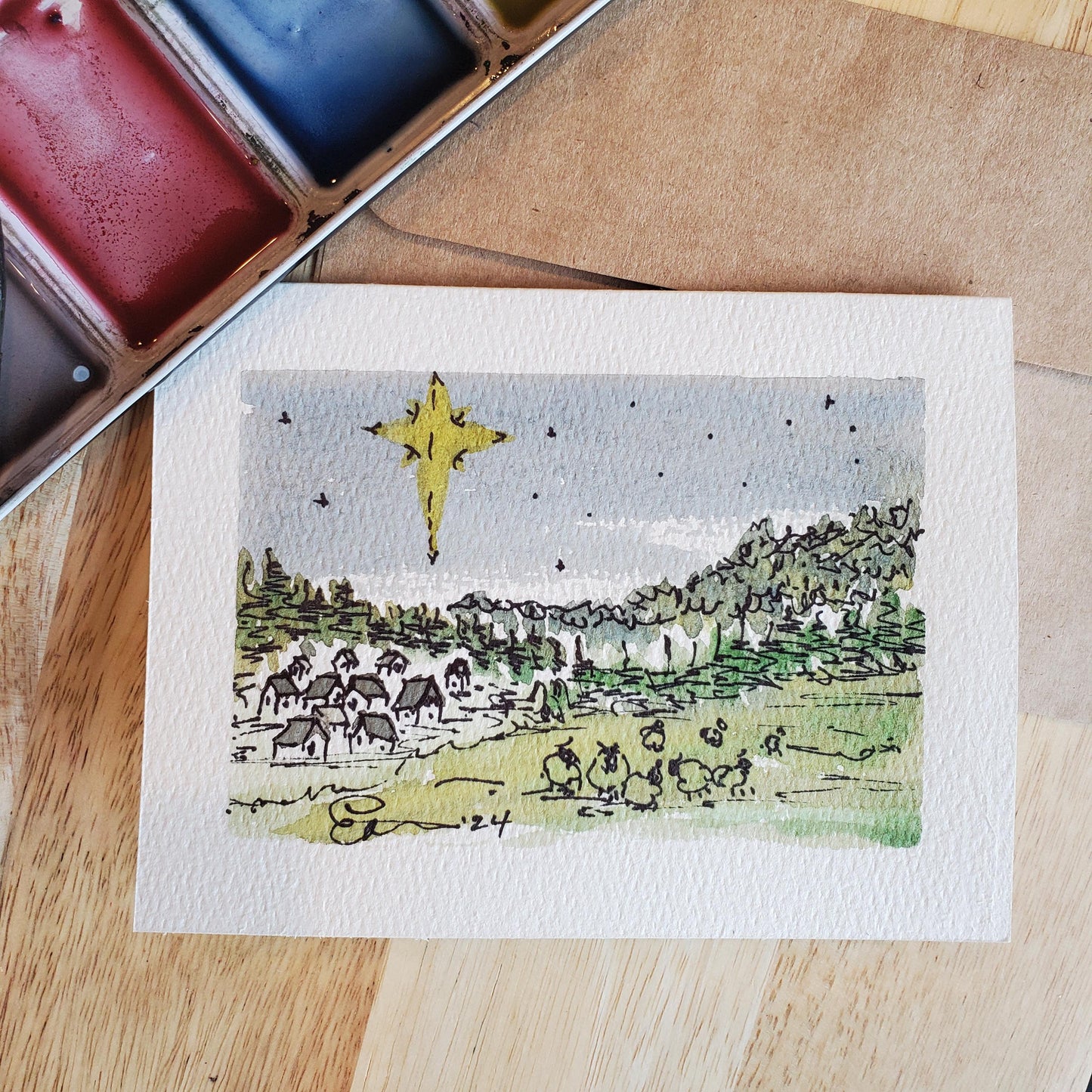 Christmas Town Greeting Card Original Ink & Watercolor Art Bethlehem Sheep Nativity Notecard Hand Painted 4 1/2" x 6" Blank Holiday Cards