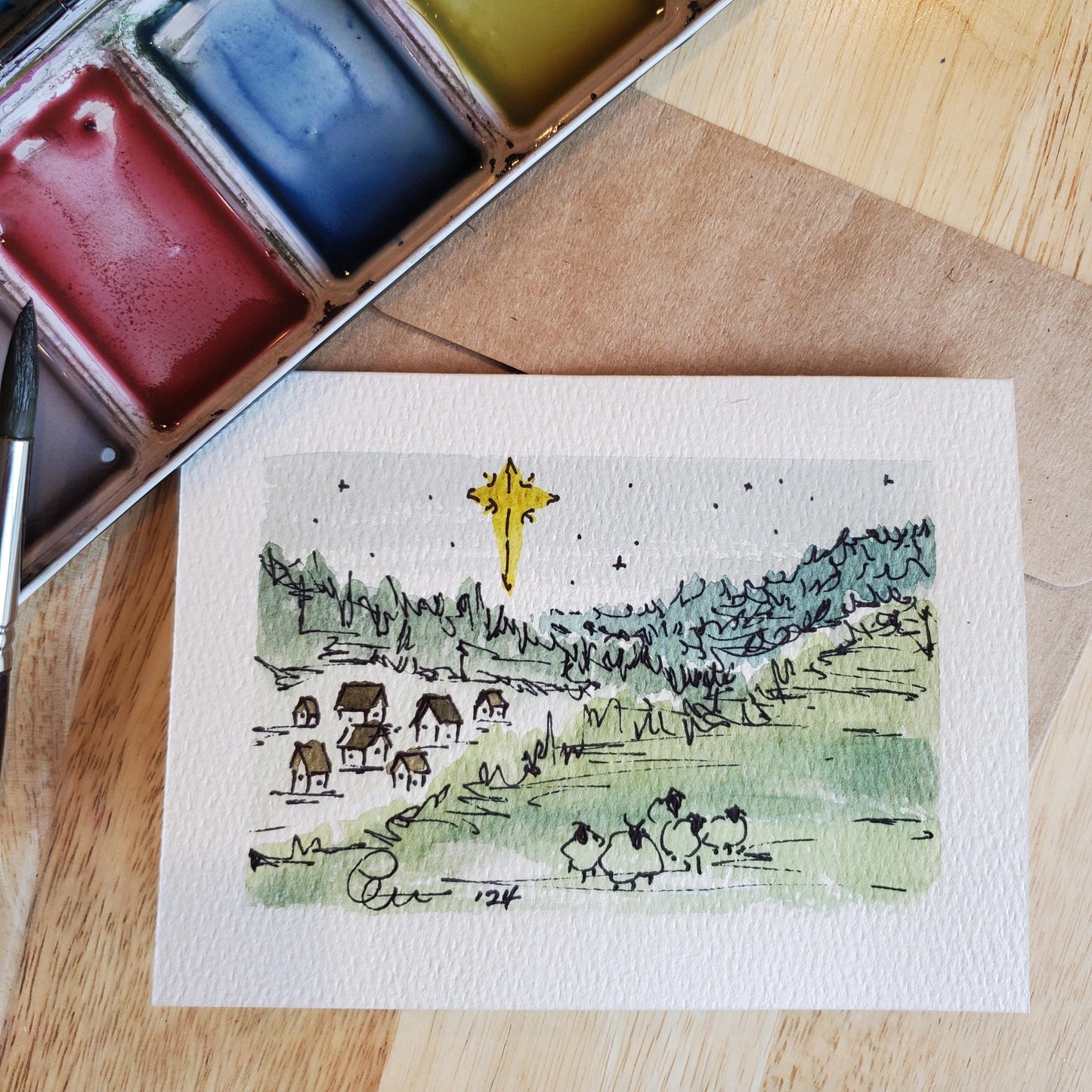 Christmas Town Greeting Card Original Ink & Watercolor Art Bethlehem Sheep Nativity Notecard Hand Painted 4 1/2" x 6" Blank Holiday Cards