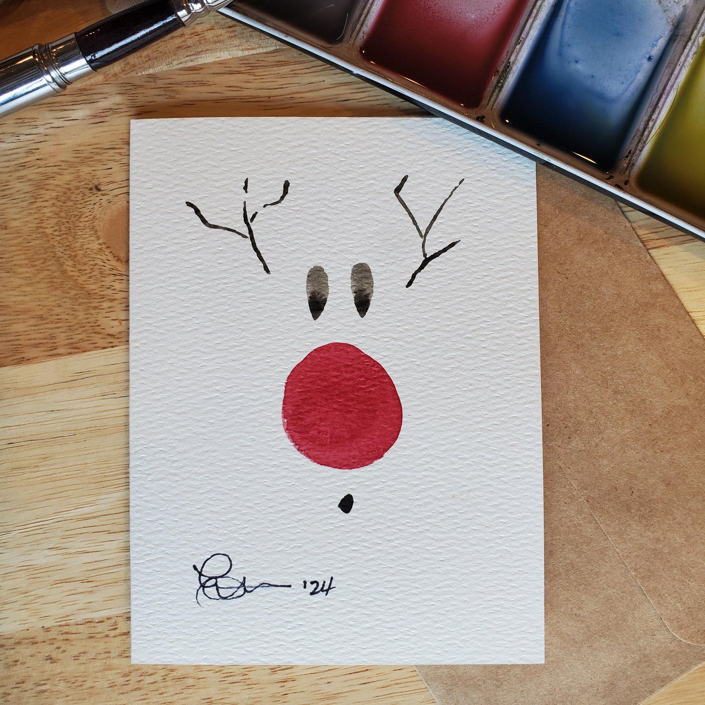 Rudolph Reindeer Greeting Card Original Ink & Watercolor Art Red Nose Antlers Notecard Hand Painted 4 1/2" x 6" Blank Christmas Holiday Card