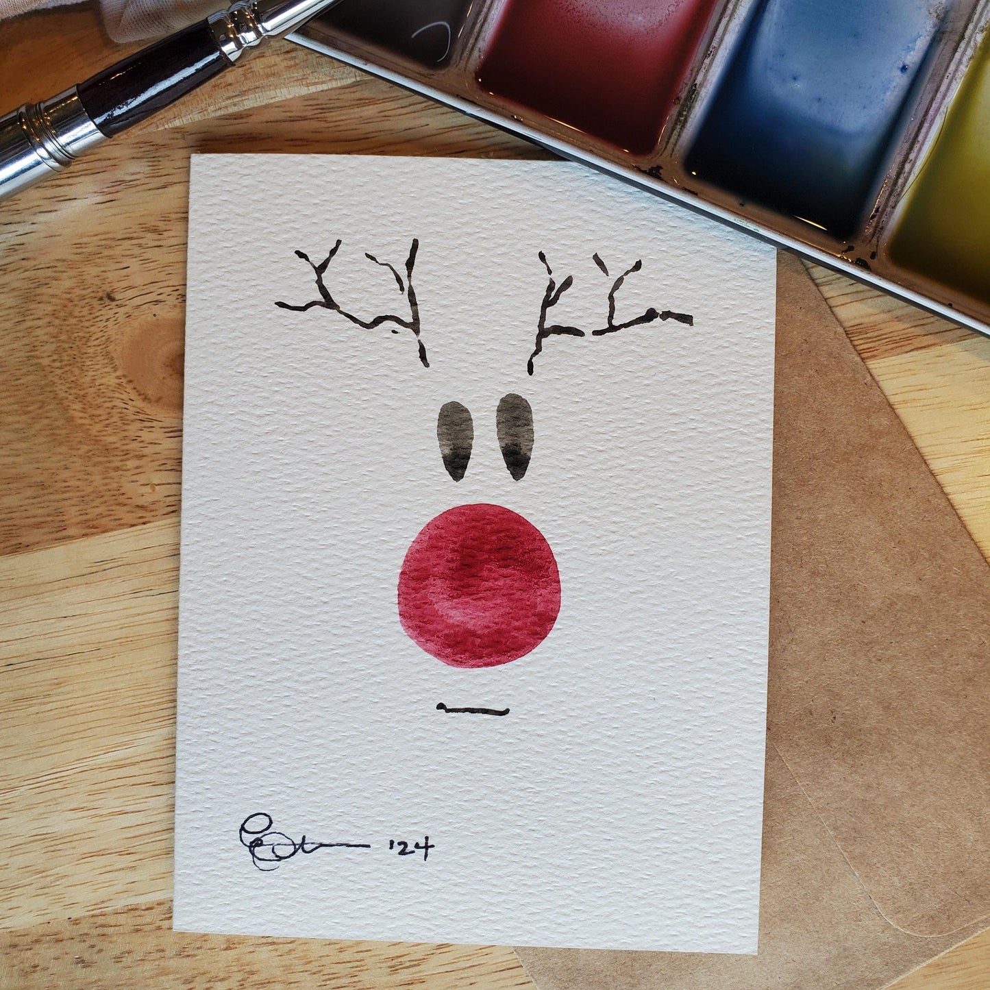 Rudolph Reindeer Greeting Card Original Ink & Watercolor Art Red Nose Antlers Notecard Hand Painted 4 1/2" x 6" Blank Christmas Holiday Card