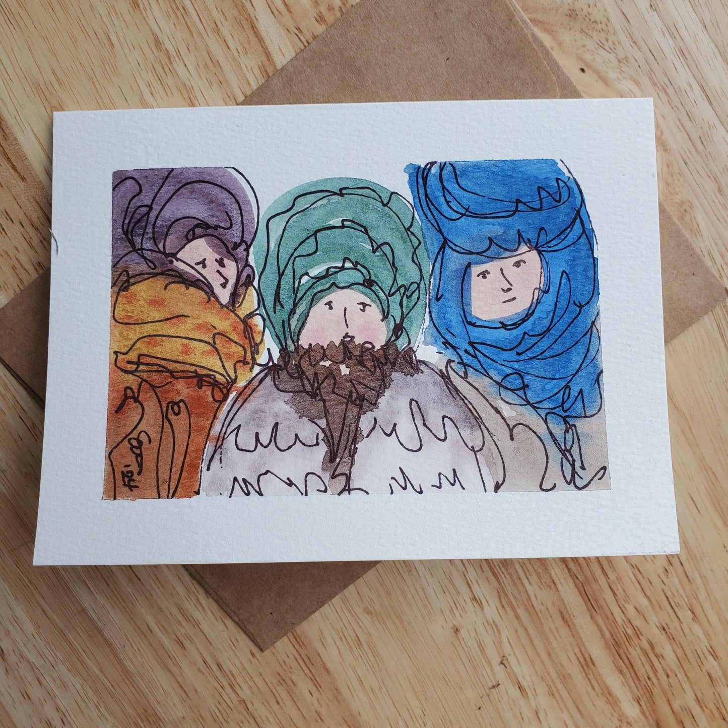 Three Wise Men Greeting Card Original Ink & Watercolor Art Kings of Orient Notecard Hand Painted 4 1/2" x 6" Blank Christmas Holiday Cards