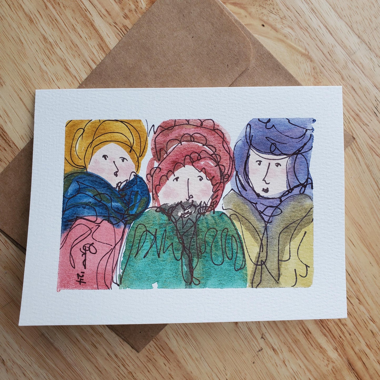 Three Wise Men Greeting Card Original Ink & Watercolor Art Kings of Orient Notecard Hand Painted 4 1/2" x 6" Blank Christmas Holiday Cards