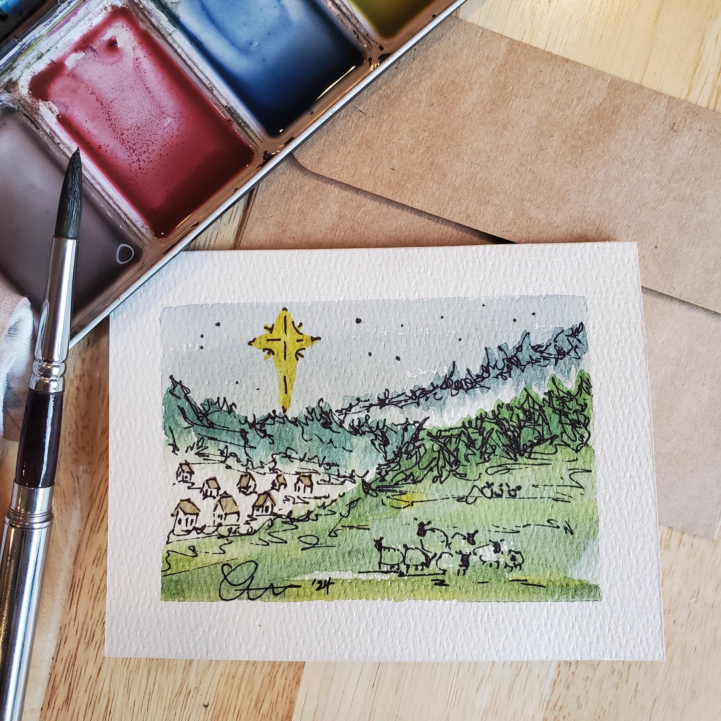 Christmas Town Greeting Card Original Ink & Watercolor Art Bethlehem Sheep Nativity Notecard Hand Painted 4 1/2" x 6" Blank Holiday Cards
