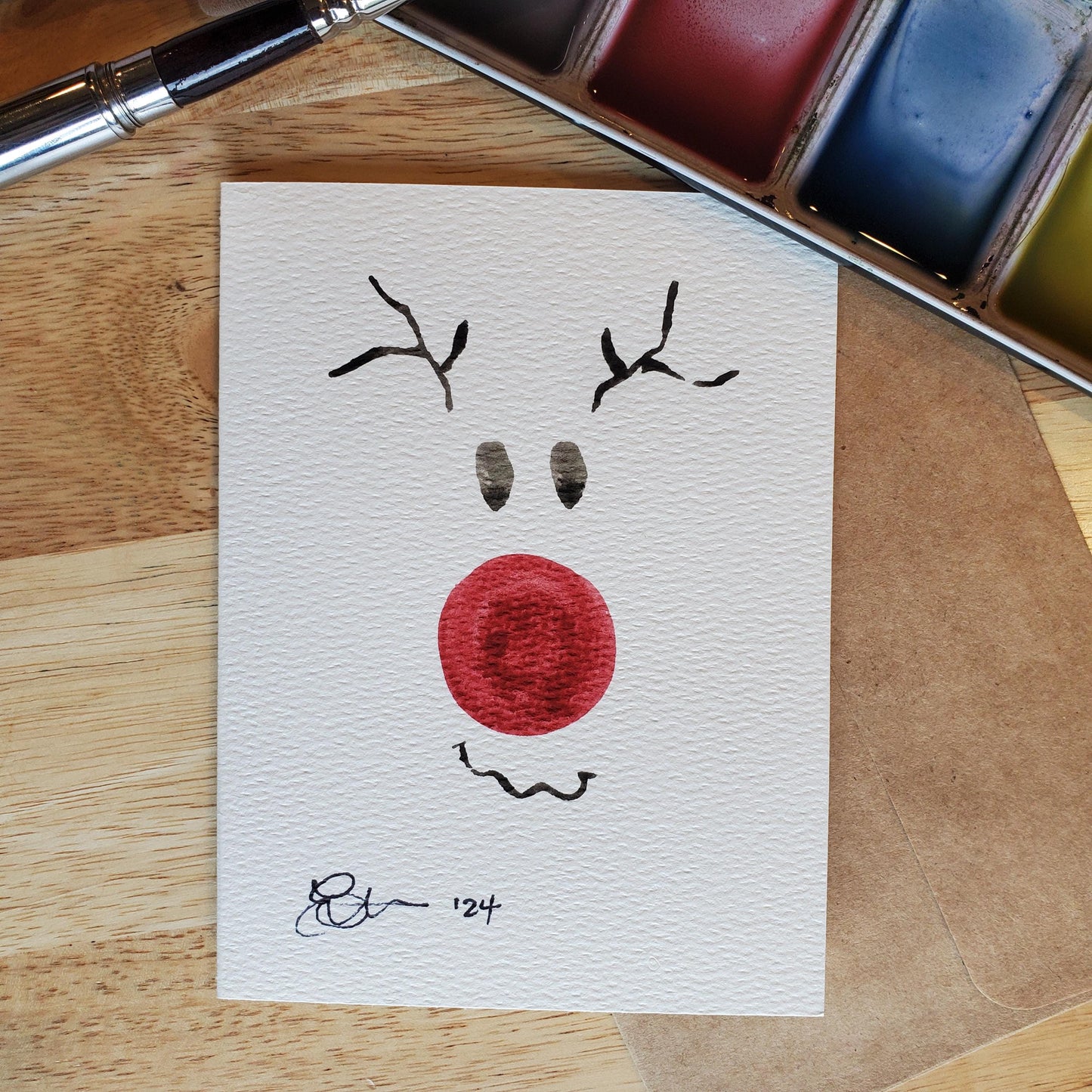 Rudolph Reindeer Greeting Card Original Ink & Watercolor Art Red Nose Antlers Notecard Hand Painted 4 1/2" x 6" Blank Christmas Holiday Card