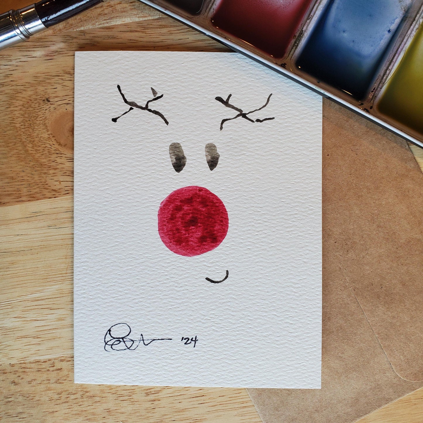 Rudolph Reindeer Greeting Card Original Ink & Watercolor Art Red Nose Antlers Notecard Hand Painted 4 1/2" x 6" Blank Christmas Holiday Card