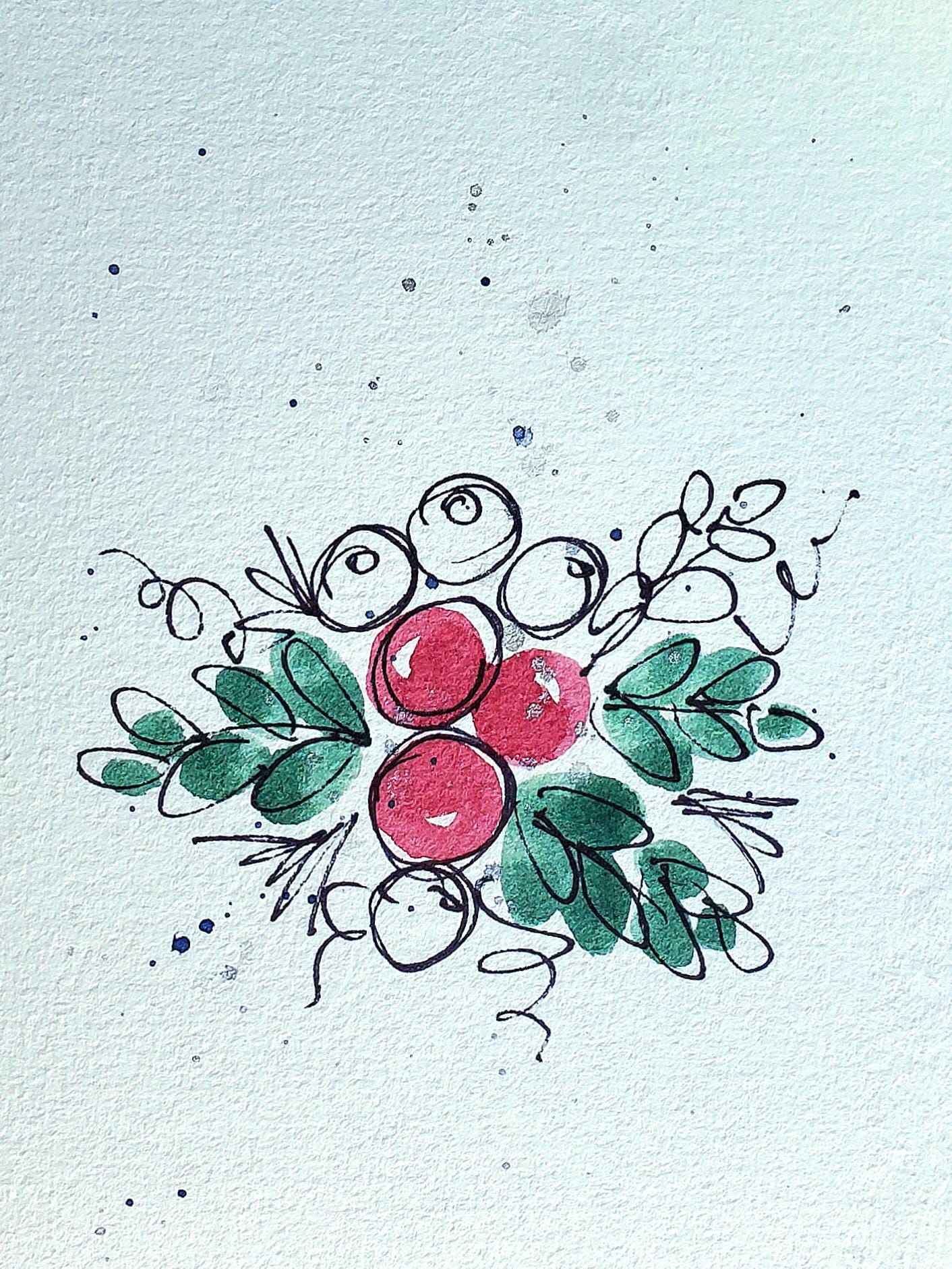 Holly Berry Greeting Card Original Ink & Watercolor Art Red Mistletoe Notecard Hand Painted 4 1/2" x 6" Blank Christmas Holiday Card