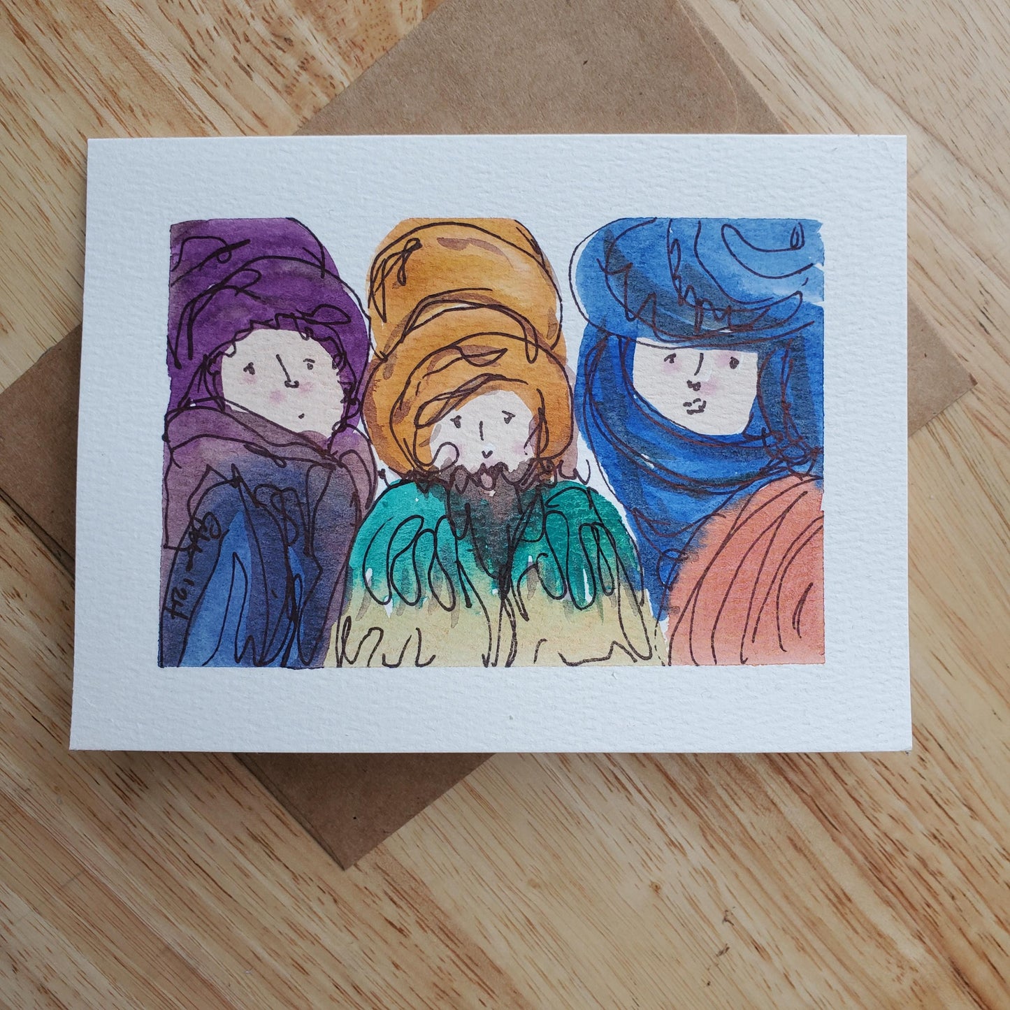 Three Wise Men Greeting Card Original Ink & Watercolor Art Kings of Orient Notecard Hand Painted 4 1/2" x 6" Blank Christmas Holiday Cards