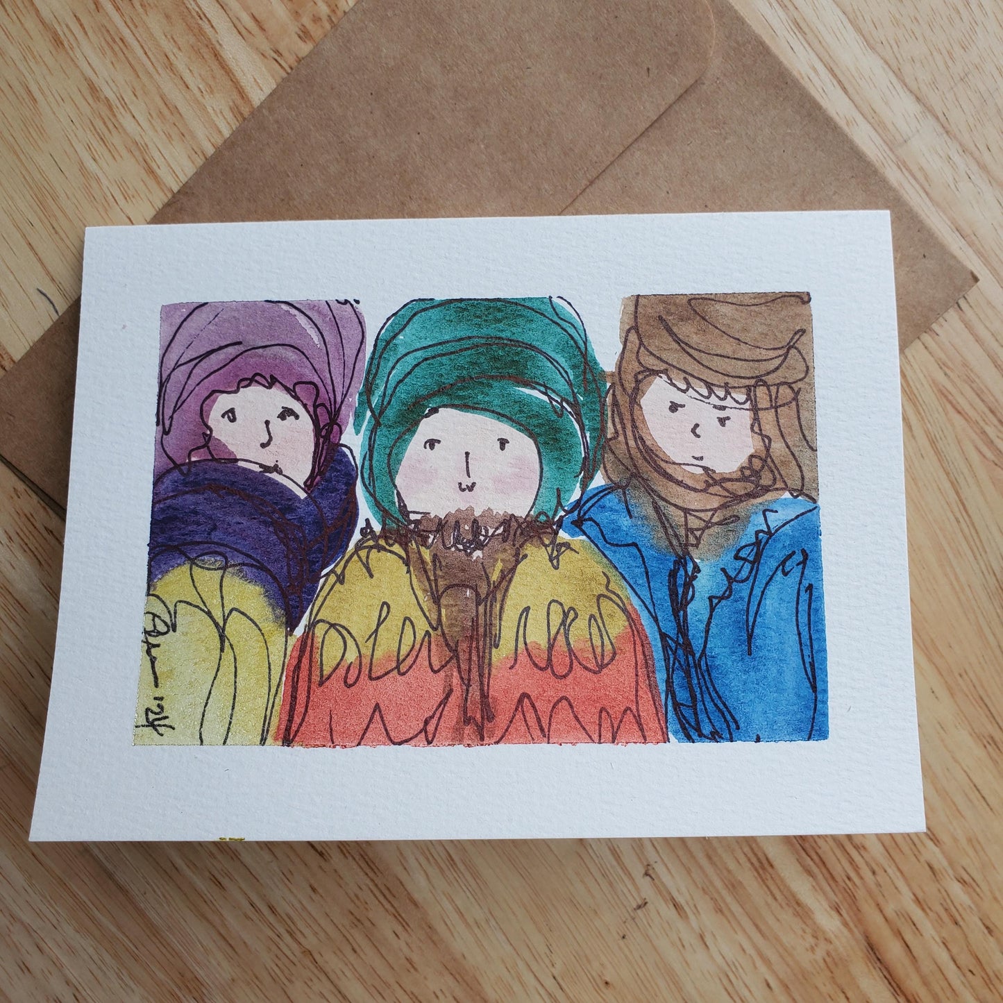 Three Wise Men Greeting Card Original Ink & Watercolor Art Kings of Orient Notecard Hand Painted 4 1/2" x 6" Blank Christmas Holiday Cards