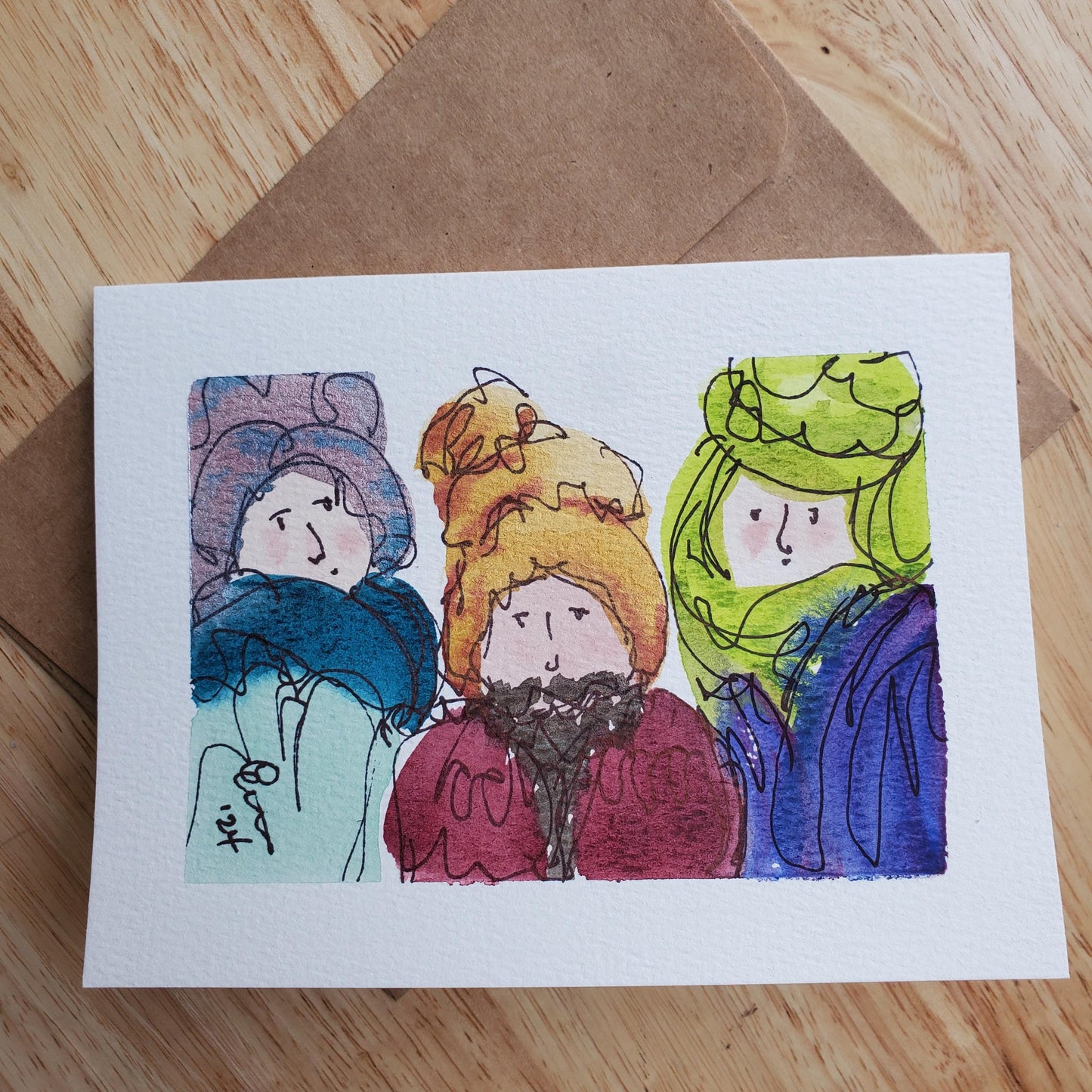 Three Wise Men Greeting Card Original Ink & Watercolor Art Kings of Orient Notecard Hand Painted 4 1/2" x 6" Blank Christmas Holiday Cards