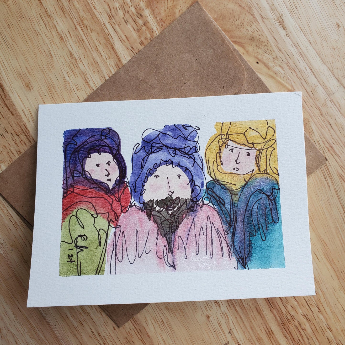 Three Wise Men Greeting Card Original Ink & Watercolor Art Kings of Orient Notecard Hand Painted 4 1/2" x 6" Blank Christmas Holiday Cards