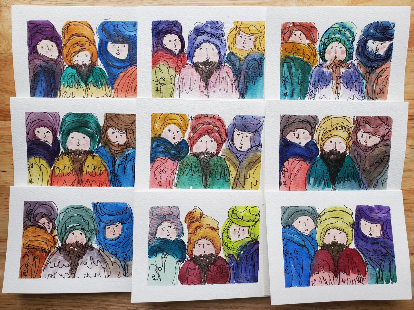 Three Wise Men Greeting Card Original Ink & Watercolor Art Kings of Orient Notecard Hand Painted 4 1/2" x 6" Blank Christmas Holiday Cards