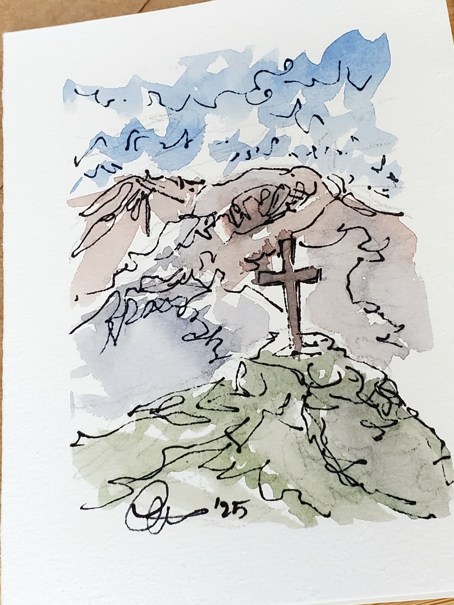 Cross on Golgotha Easter Card - Original Ink & Watercolor