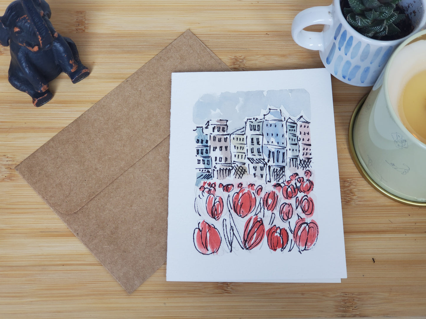 Red Spring Tulips in Amsterdam Greeting Card - Original Ink & Watercolor