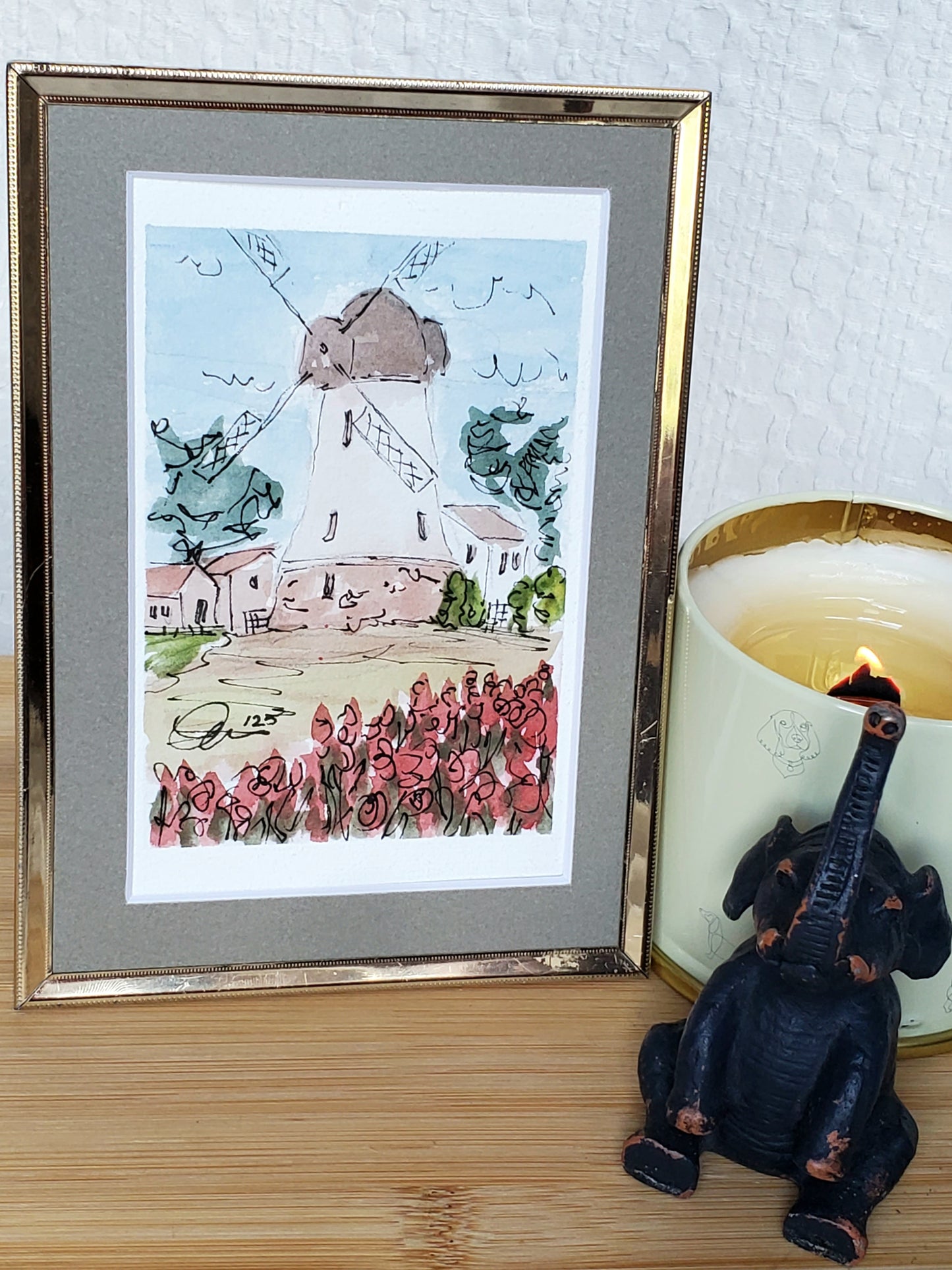 Pink Spring Tulip Windmill Original Ink & Watercolor Greeting Card
