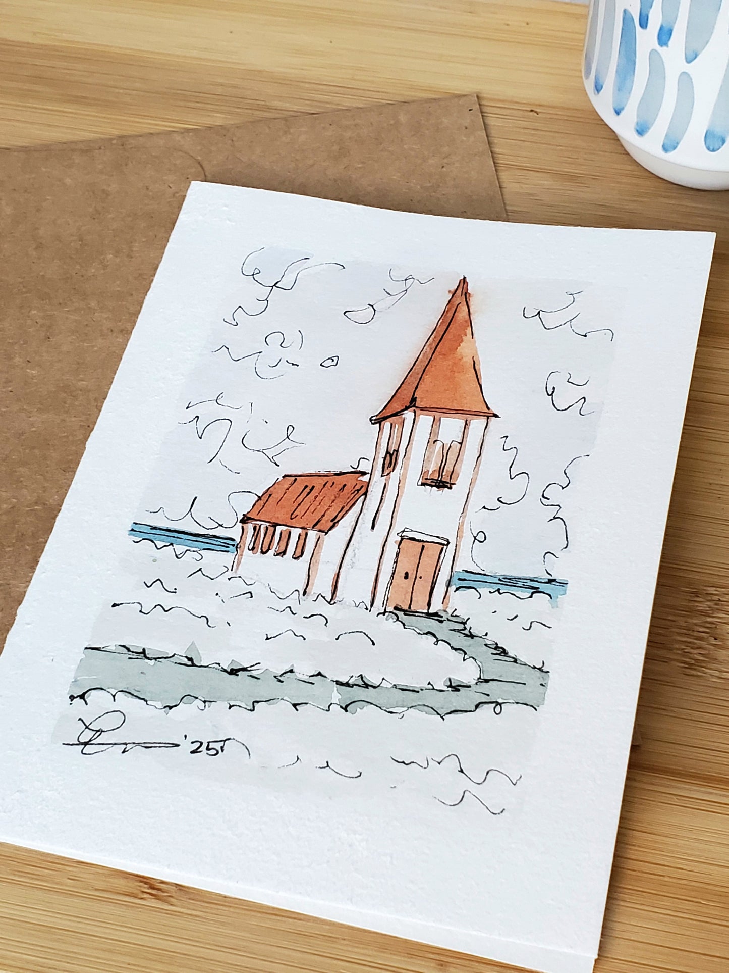 Red-Steepled Church Greeting Card - Original Ink & Watercolor